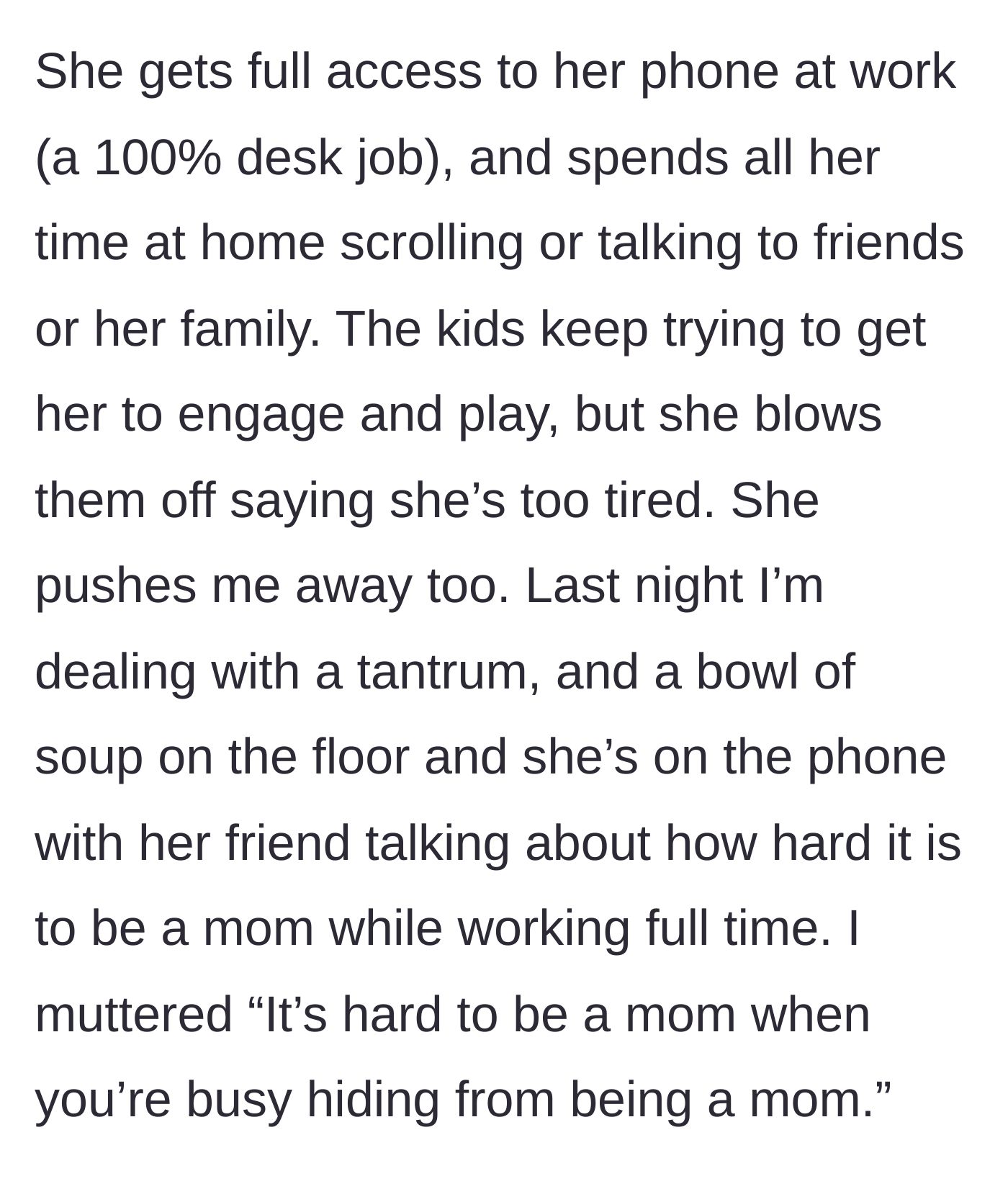 Story part 3 - Wife ignores her kids to complain to friends on her phone while the husband cleans up spilled soup.