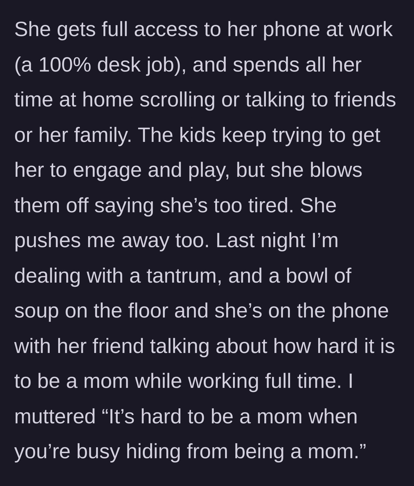 Story part 3 - Wife ignores her kids to complain to friends on her phone while the husband cleans up spilled soup.