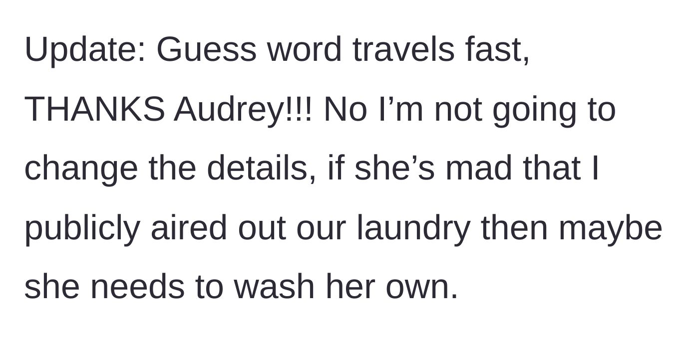 Story part 5 - Husband publicly refuses to delete the story after a neighborhood friend named Audrey finds it.