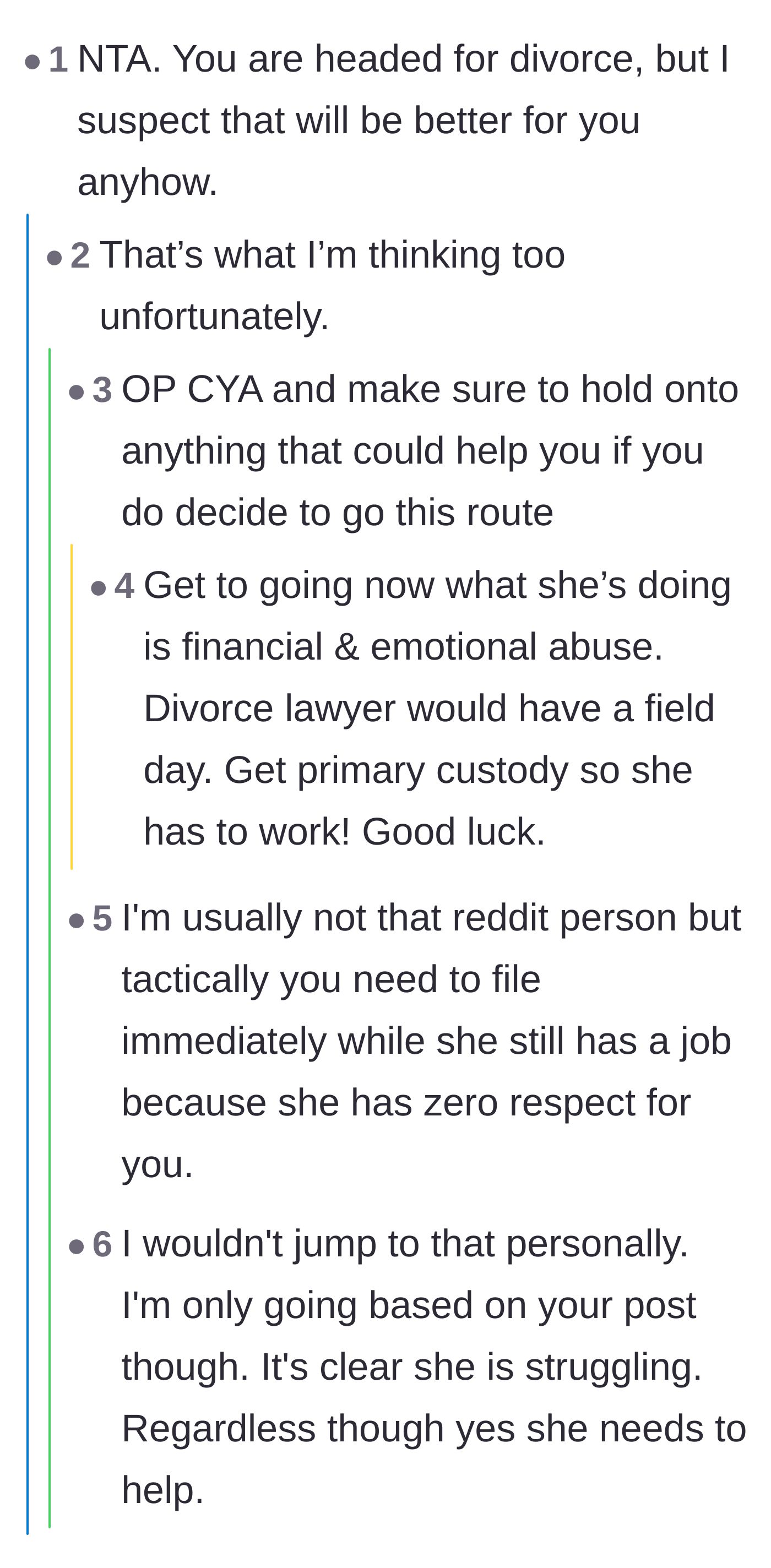 Comment thread 1 - Readers advising the husband to document everything and prepare for divorce due to financial abuse.
