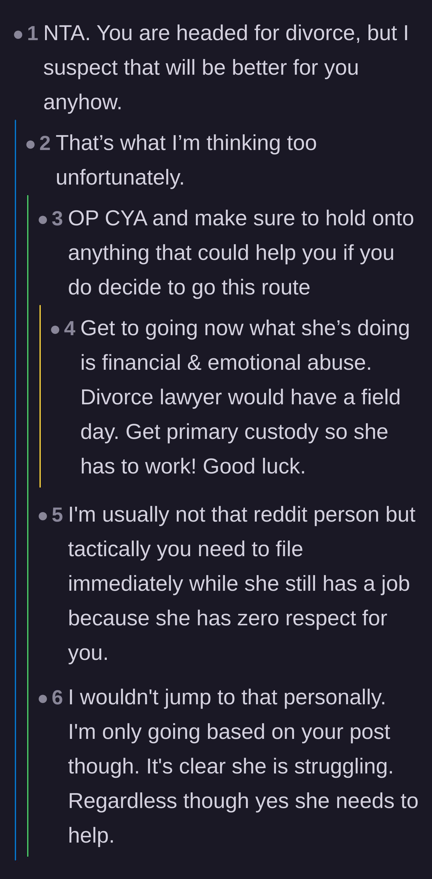 Comment thread 1 - Readers advising the husband to document everything and prepare for divorce due to financial abuse.