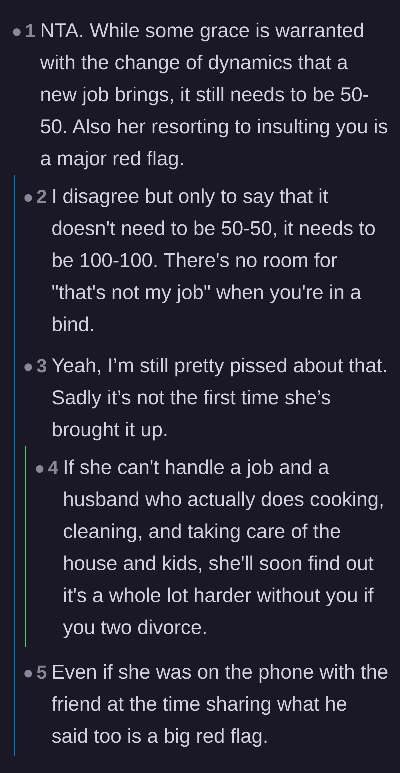 Comment thread 2 - Debating the wife's classist insults and her blatant refusal to act like an equal partner.
