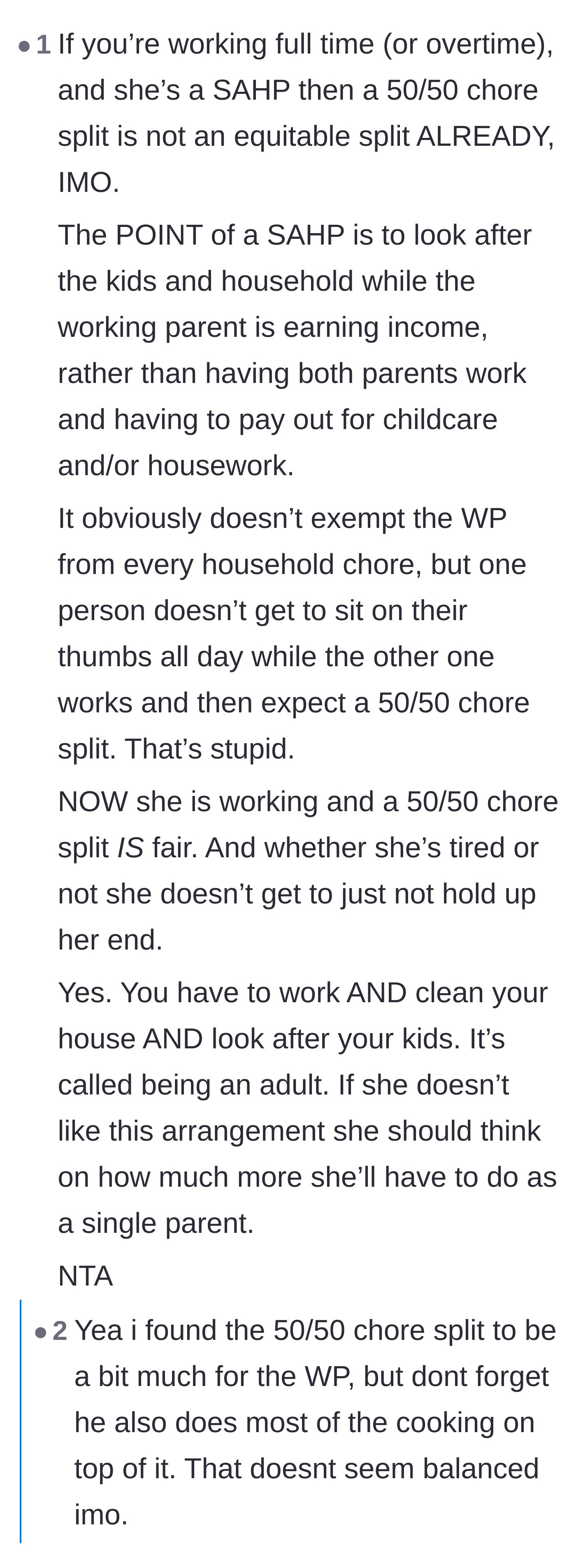 Comment thread 5 - A deep dive into fair chore distributions and the wife's manipulative habit of nitpicking how chores are done.