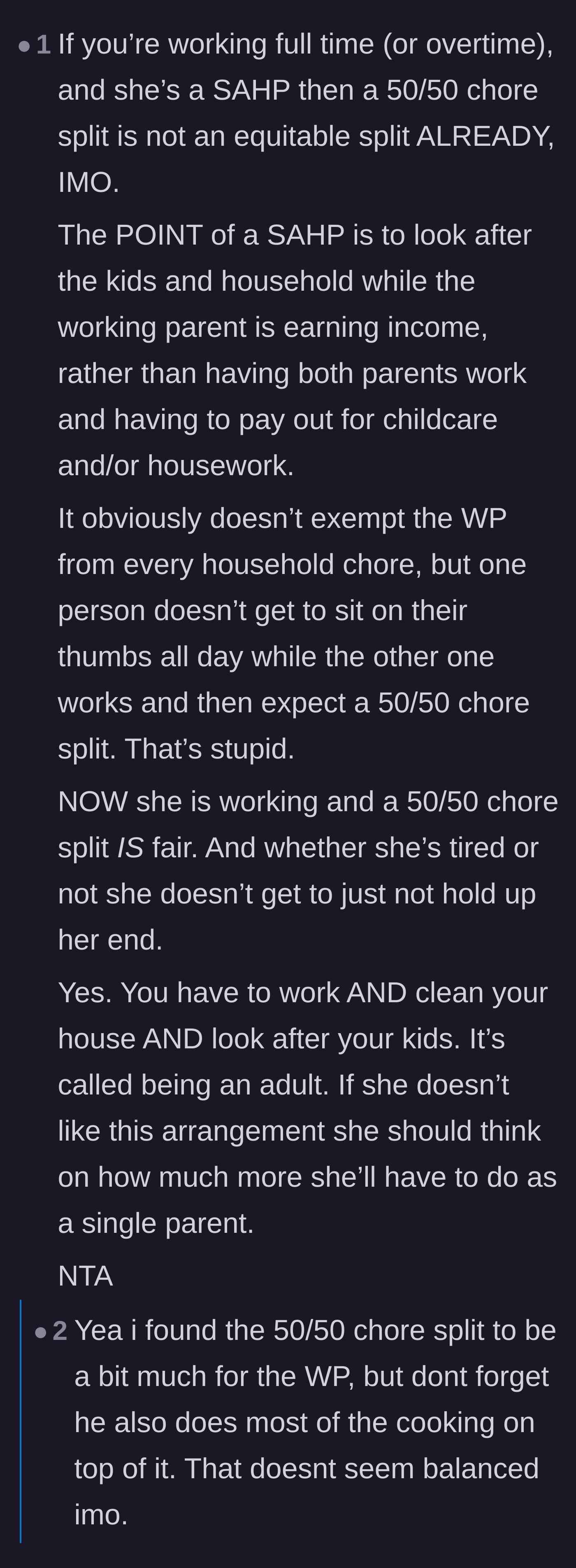 Comment thread 5 - A deep dive into fair chore distributions and the wife's manipulative habit of nitpicking how chores are done.
