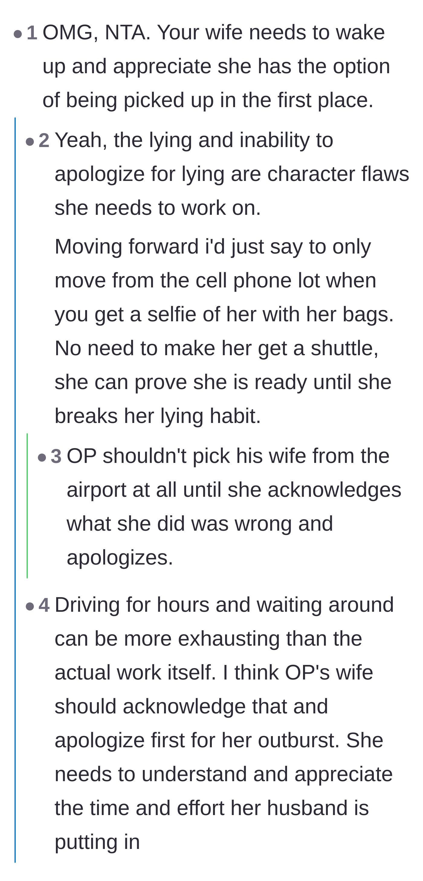 Comment thread 2 - A discussion highlighting the wife's lying habit and lack of appreciation for the husband's commute.