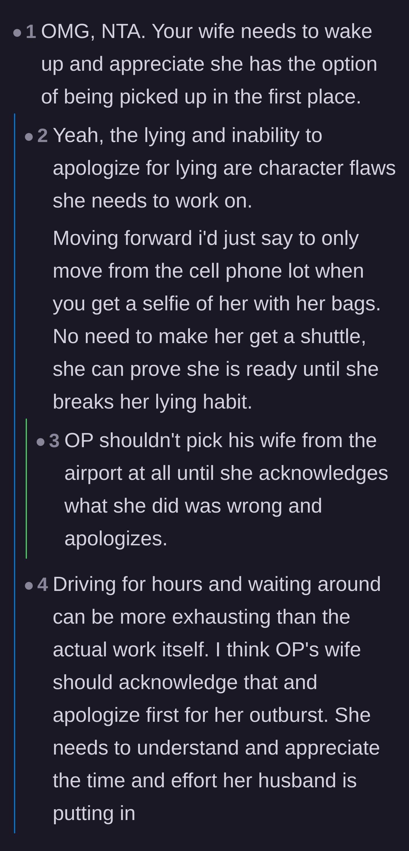 Comment thread 2 - A discussion highlighting the wife's lying habit and lack of appreciation for the husband's commute.
