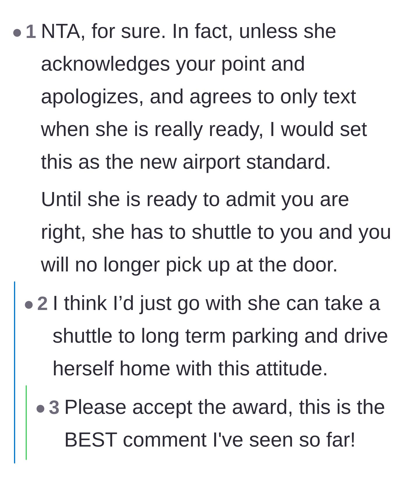 Comment thread 3 - Suggestions to permanently enforce the shuttle rule until the wife issues a genuine apology.