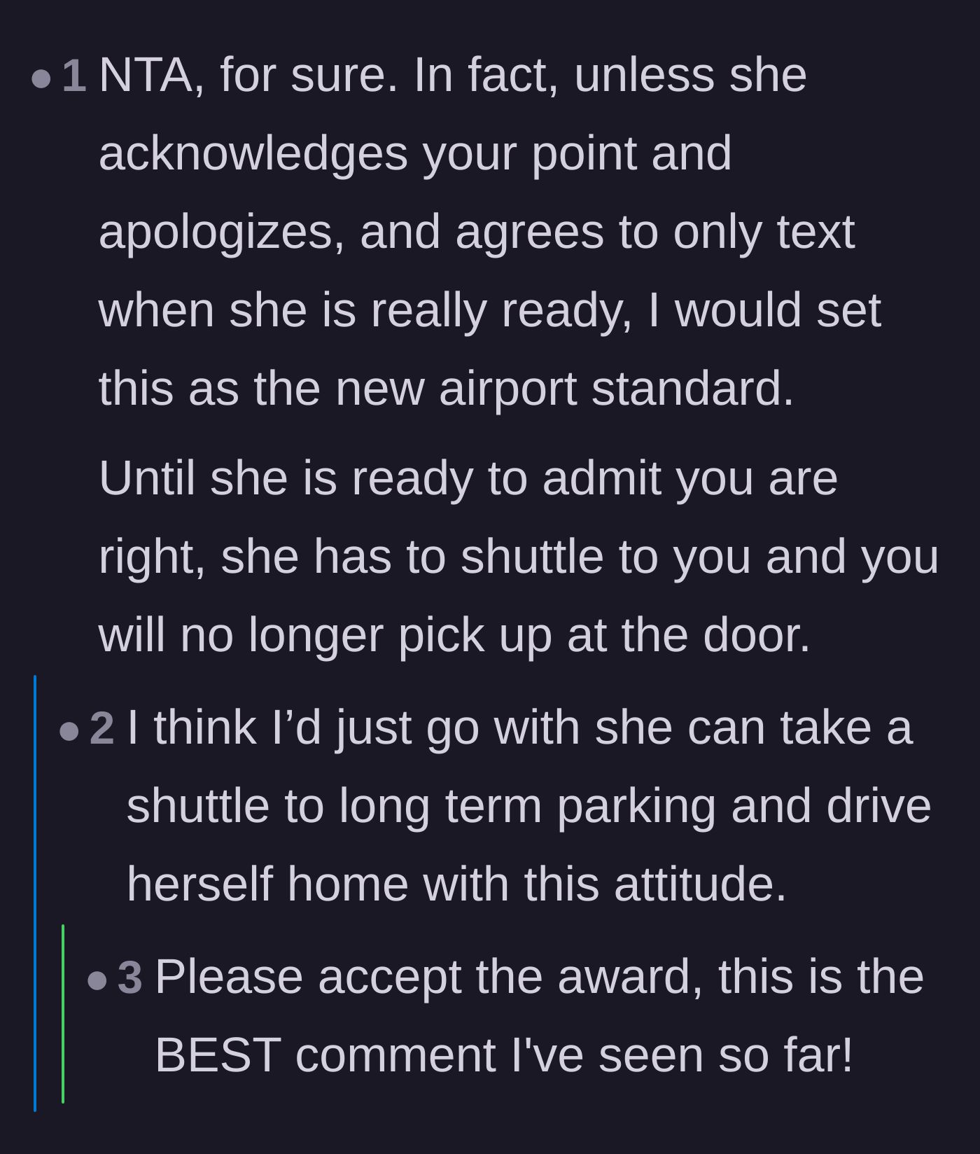 Comment thread 3 - Suggestions to permanently enforce the shuttle rule until the wife issues a genuine apology.