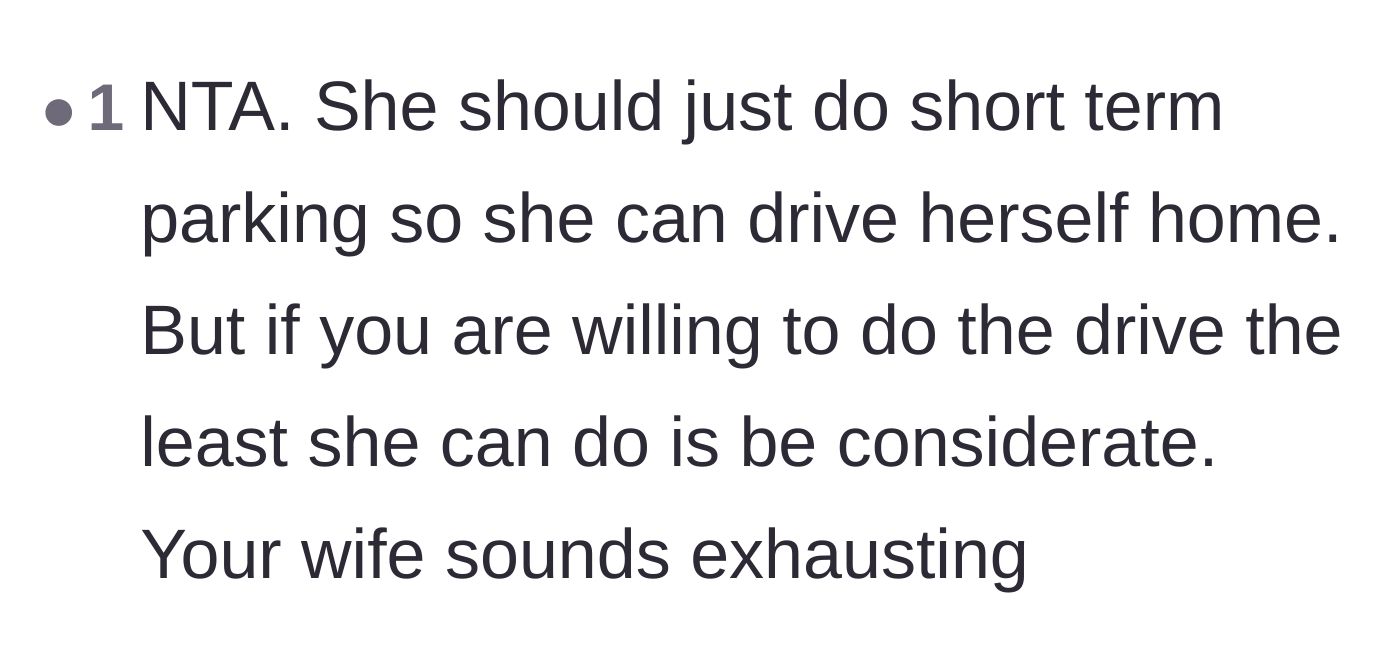 Comment thread 5 - A recommendation for the wife to use airport parking and drive herself in the future.