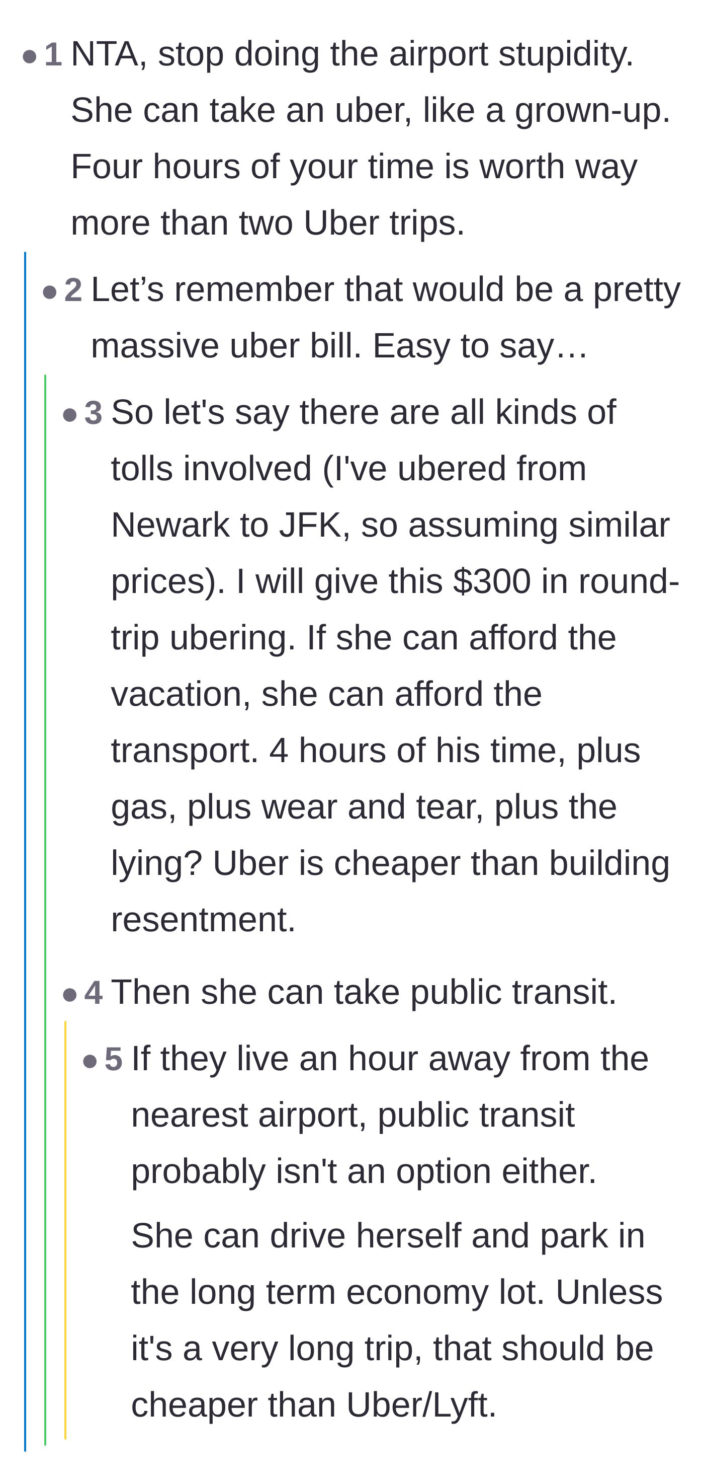 Comment thread 6 - A debate weighing the high financial cost of a long-distance Uber against the emotional cost of marital resentment.