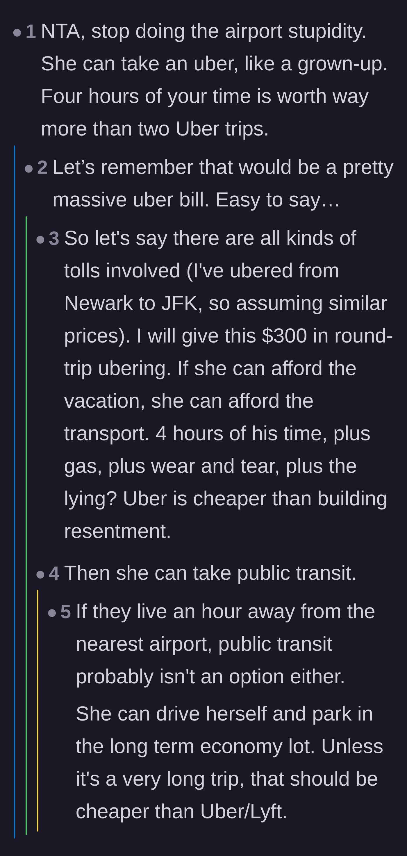 Comment thread 6 - A debate weighing the high financial cost of a long-distance Uber against the emotional cost of marital resentment.