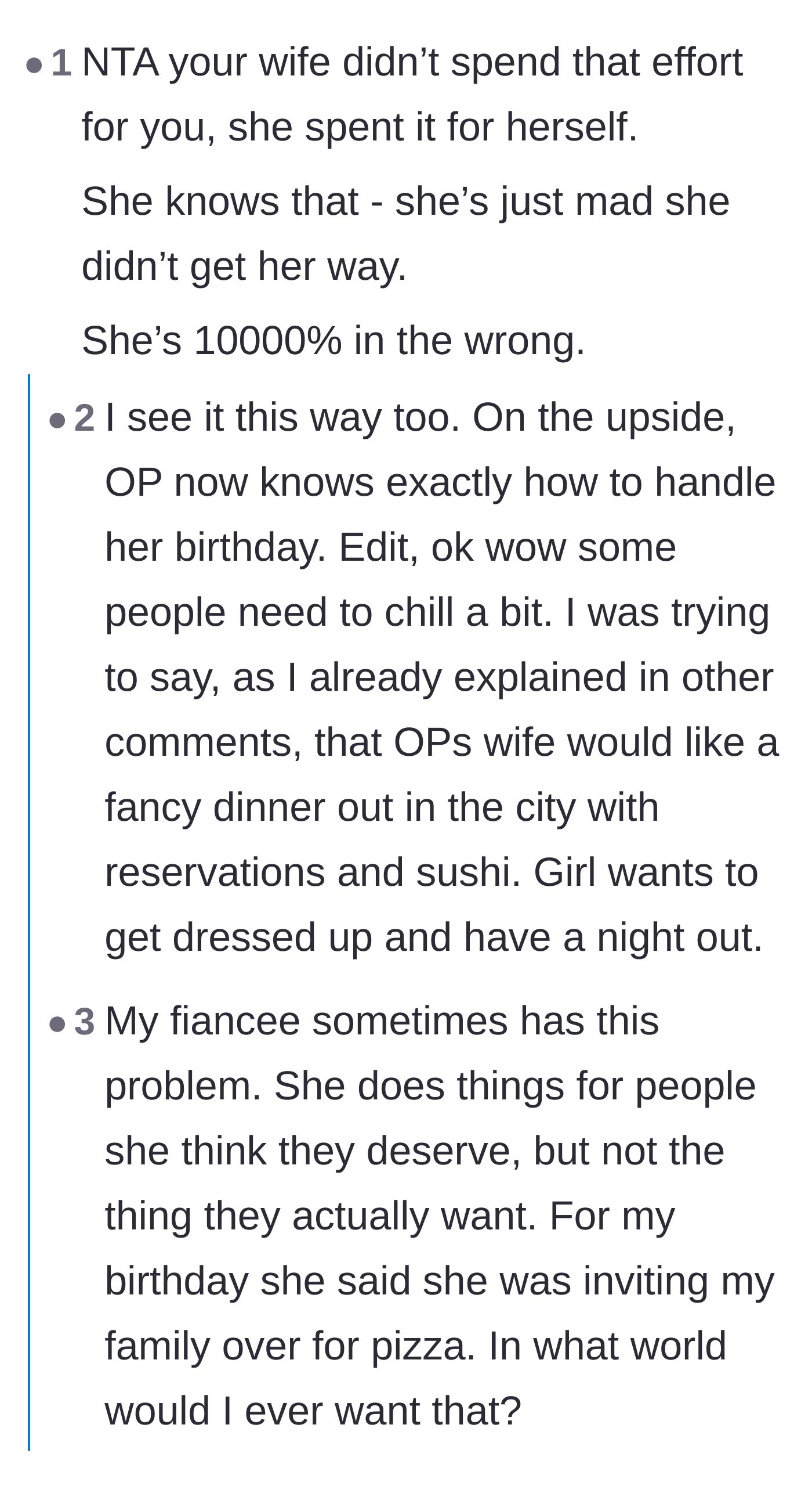 Comment thread 1 - Readers pointing out that the wife planned the fancy dinner for herself rather than her husband.