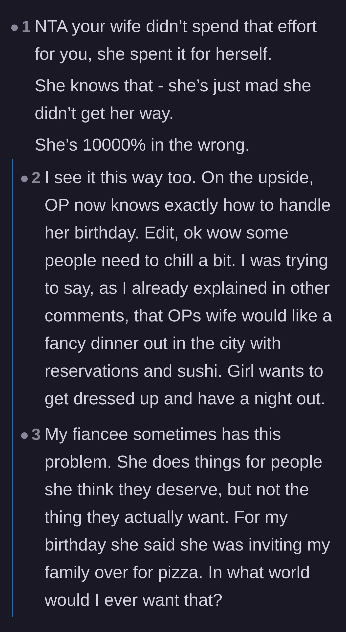 Comment thread 1 - Readers pointing out that the wife planned the fancy dinner for herself rather than her husband.