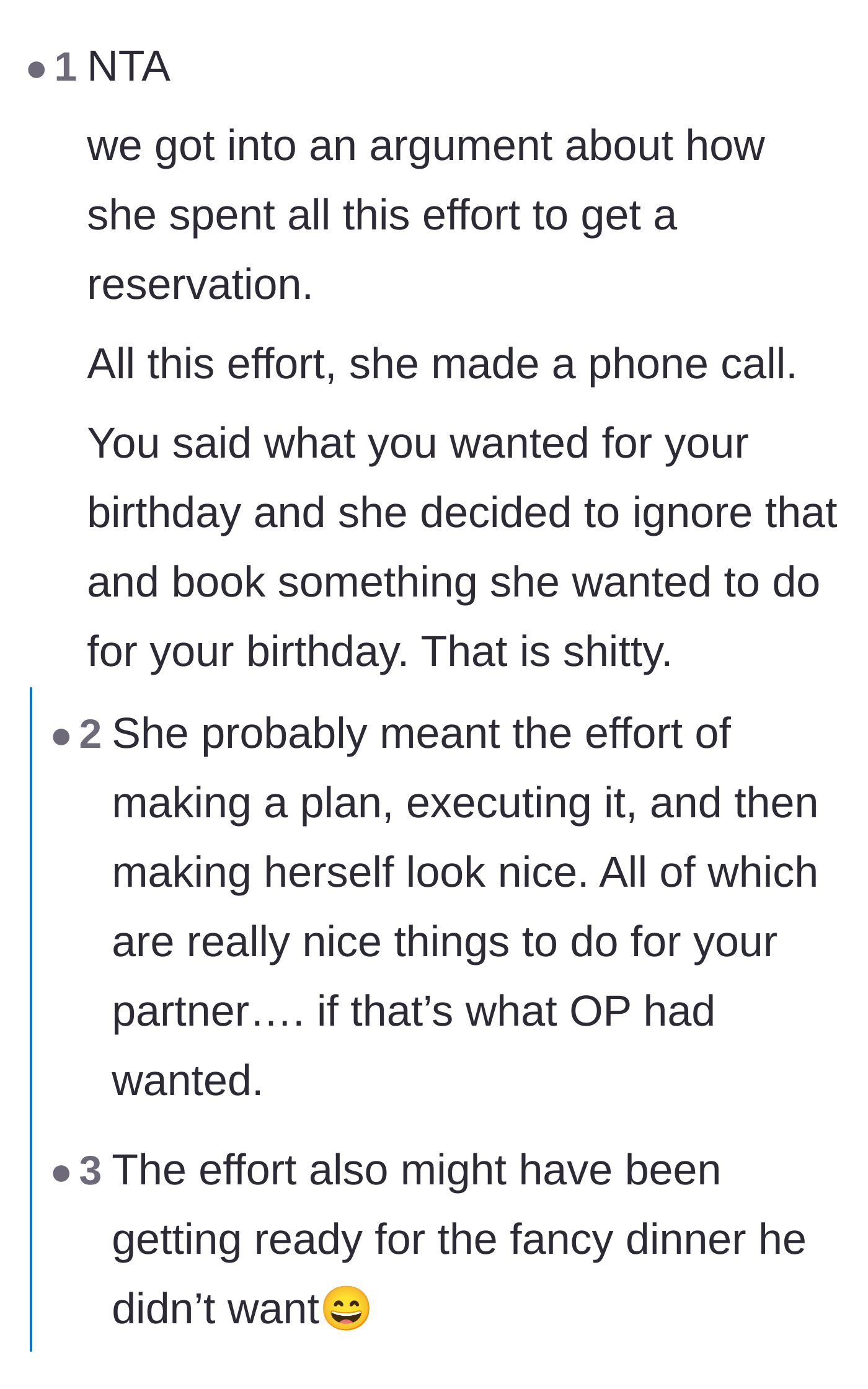 Comment thread 2 - Discussion about the wife weaponizing the minimal effort it took to make a restaurant reservation.