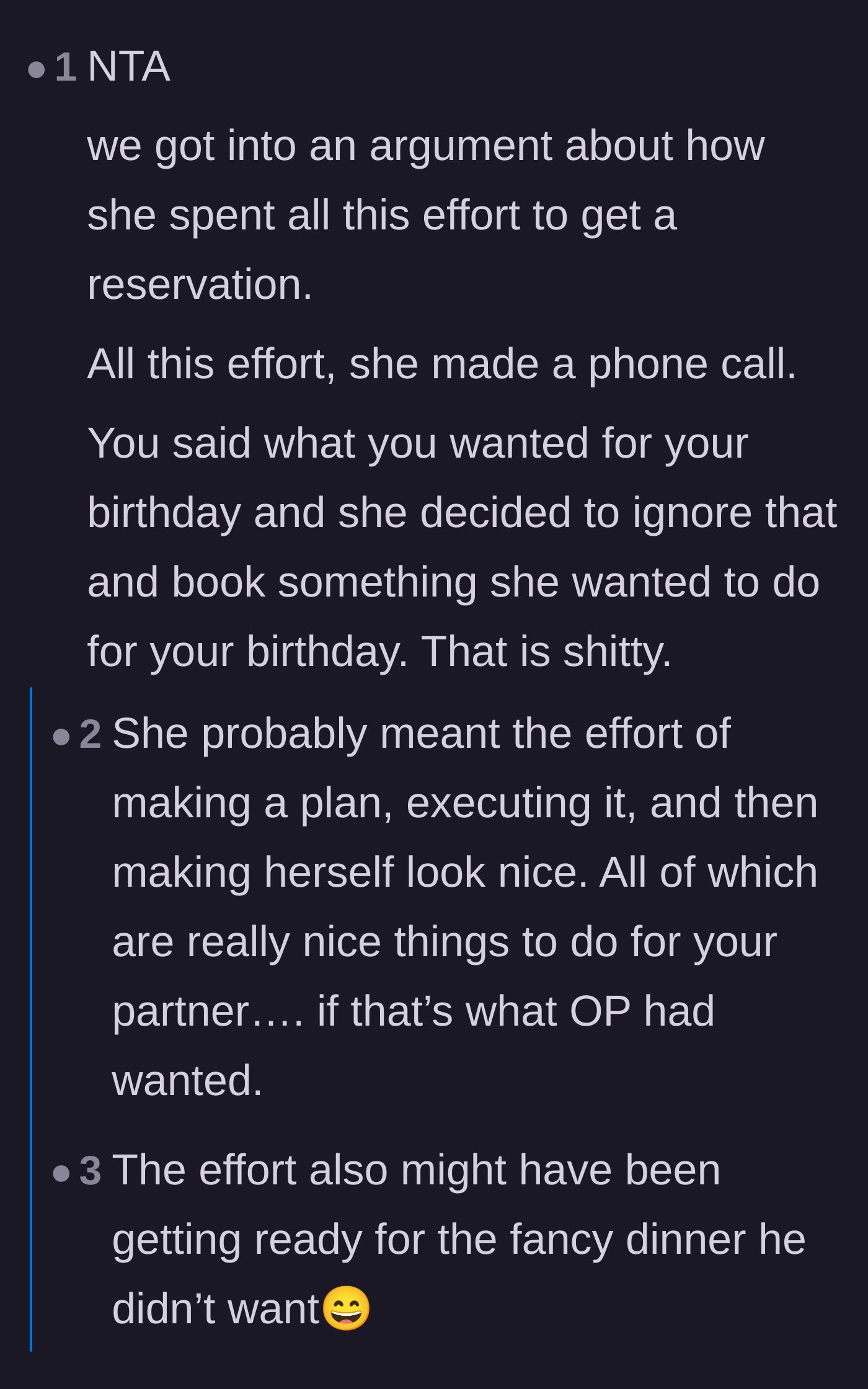 Comment thread 2 - Discussion about the wife weaponizing the minimal effort it took to make a restaurant reservation.