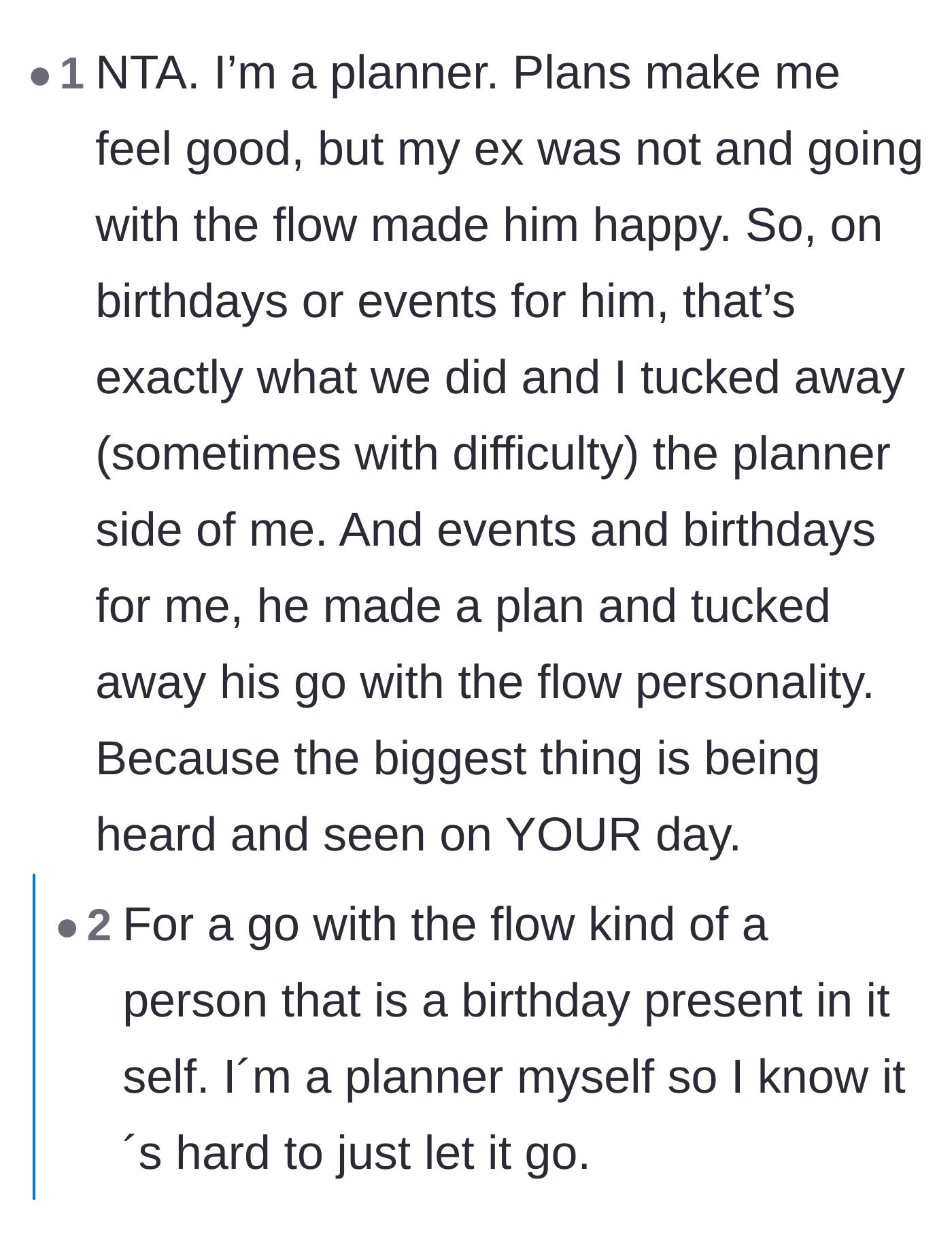 Comment thread 3 - A self-proclaimed planner explaining how they compromise for their partner's birthday.