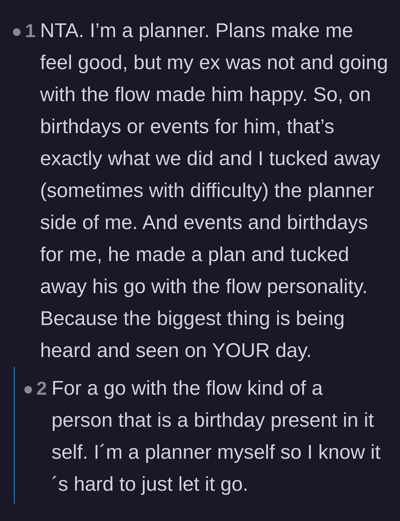 Comment thread 3 - A self-proclaimed planner explaining how they compromise for their partner's birthday.
