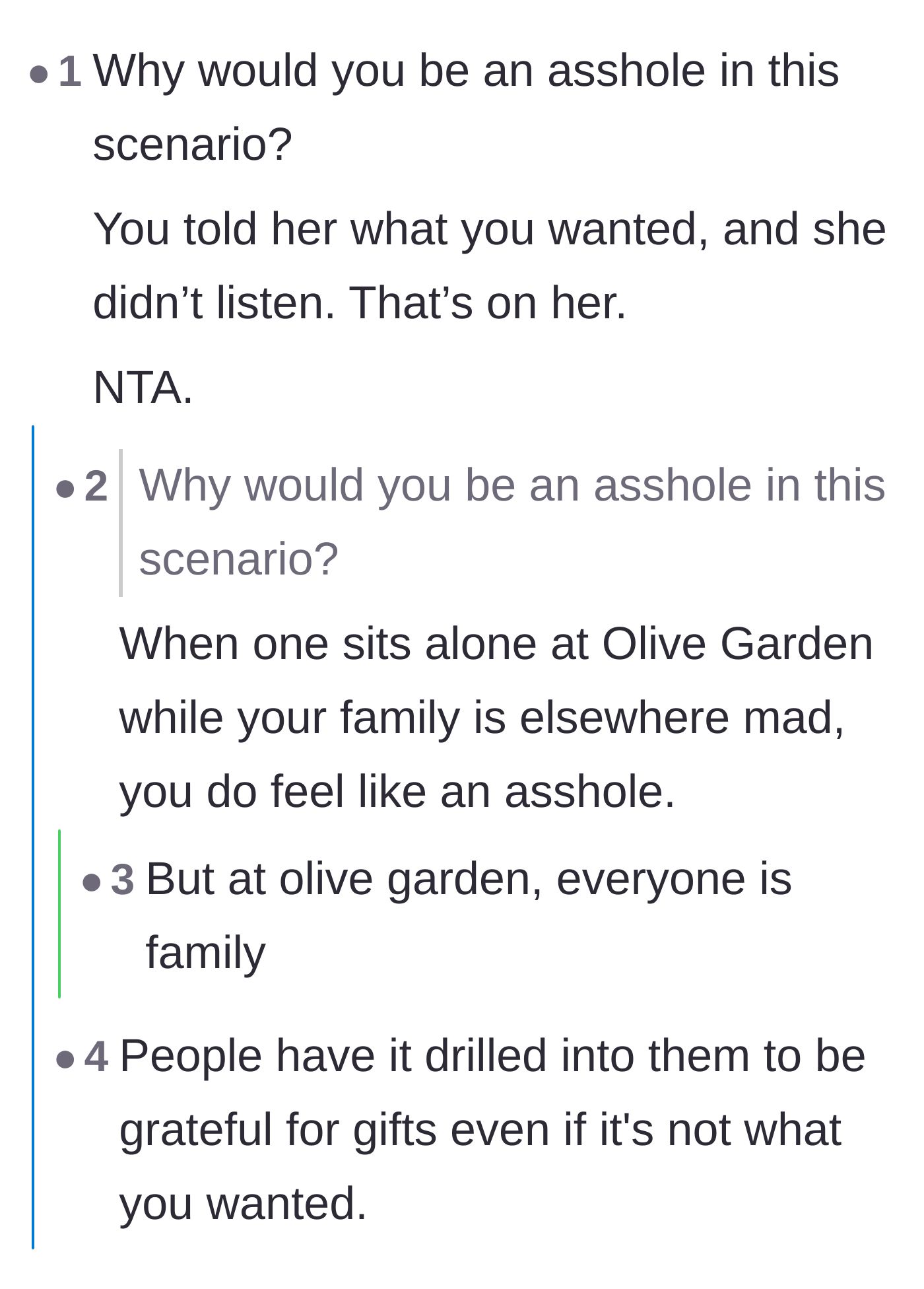 Comment thread 6 - Discussing the heavy guilt of dining alone and the societal pressure to accept unwanted gifts.