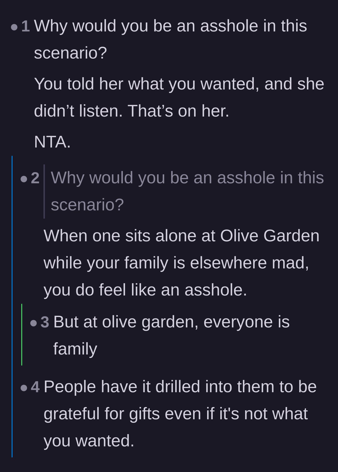 Comment thread 6 - Discussing the heavy guilt of dining alone and the societal pressure to accept unwanted gifts.