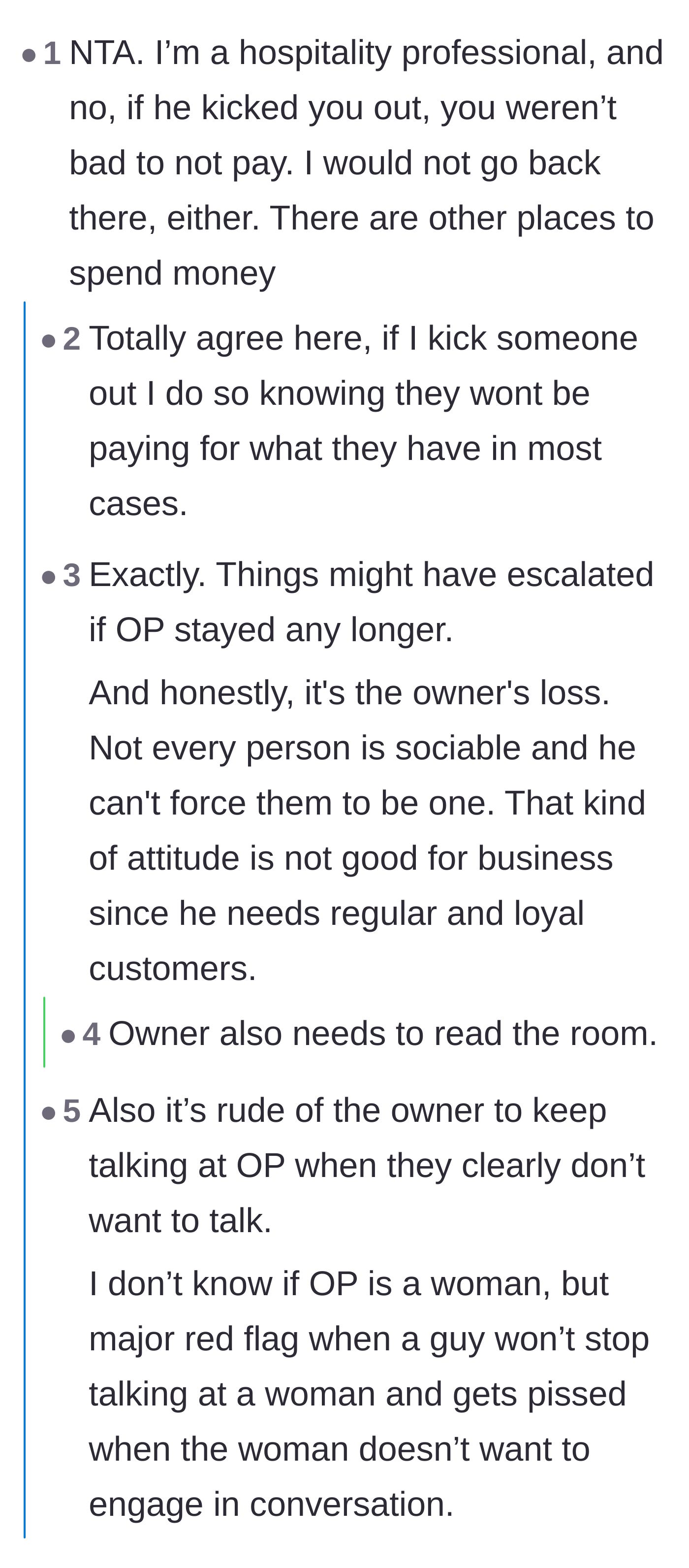 Comment thread 1 - Hospitality workers validating that an eviction inherently waives the final bill.