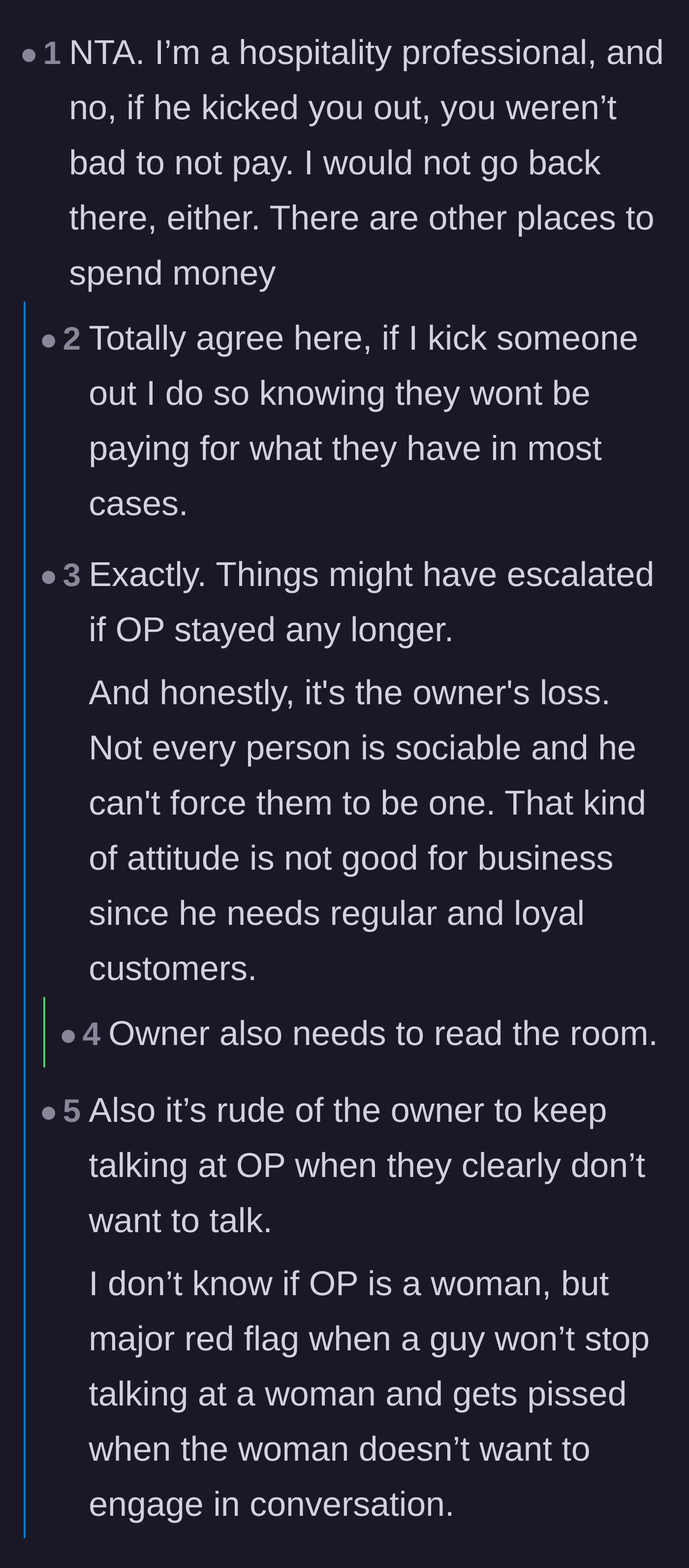 Comment thread 1 - Hospitality workers validating that an eviction inherently waives the final bill.