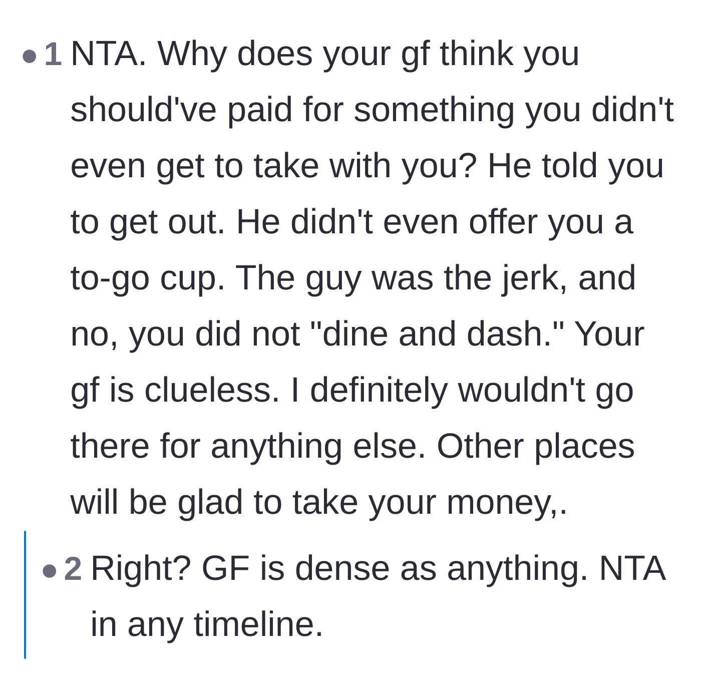 Comment thread 2 - Readers dismantling the girlfriend's deeply flawed 'dine and dash' accusation.