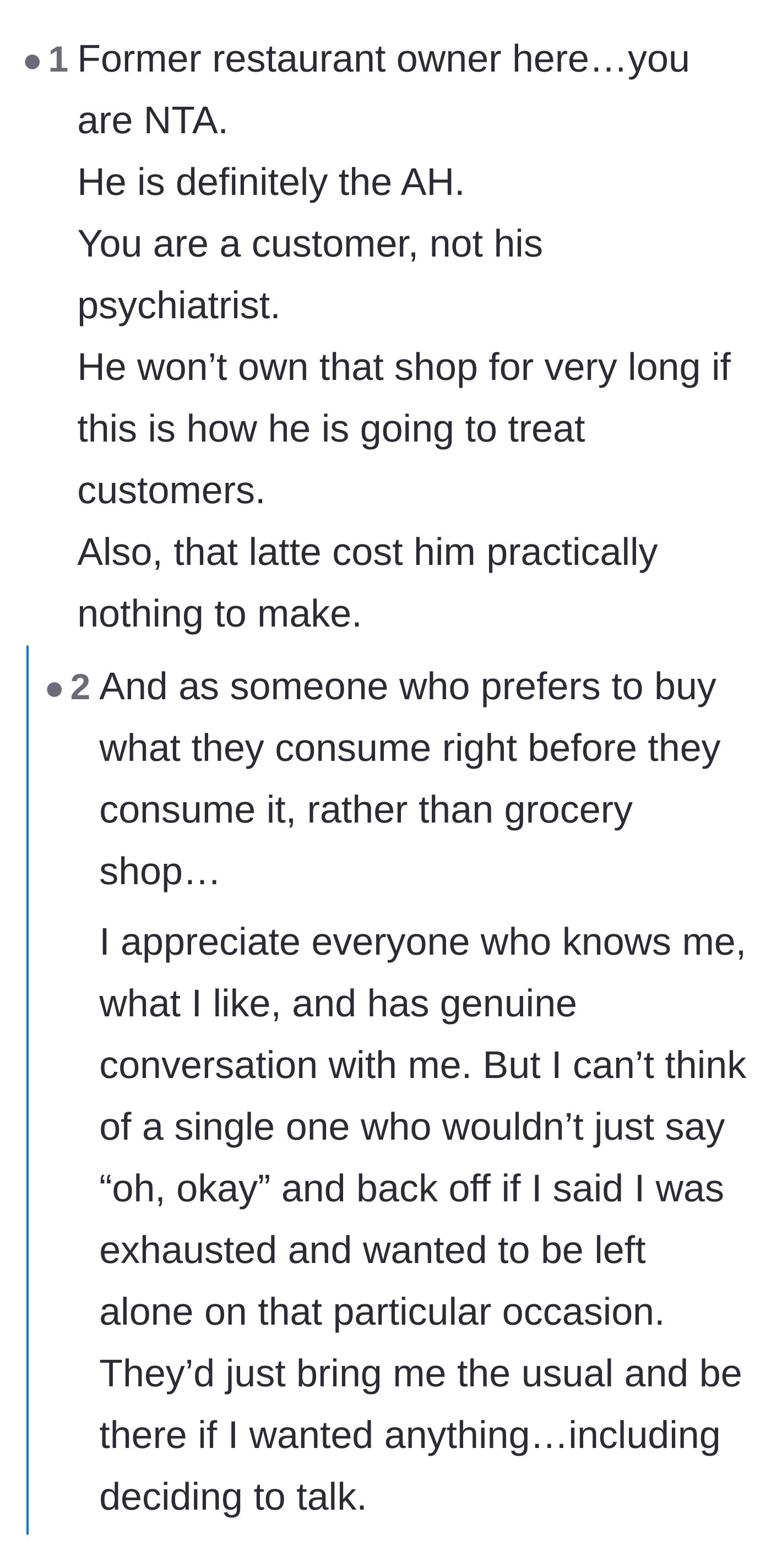 Comment thread 4 - A former restaurant owner explaining the minimal cost of a latte and standard customer boundaries.