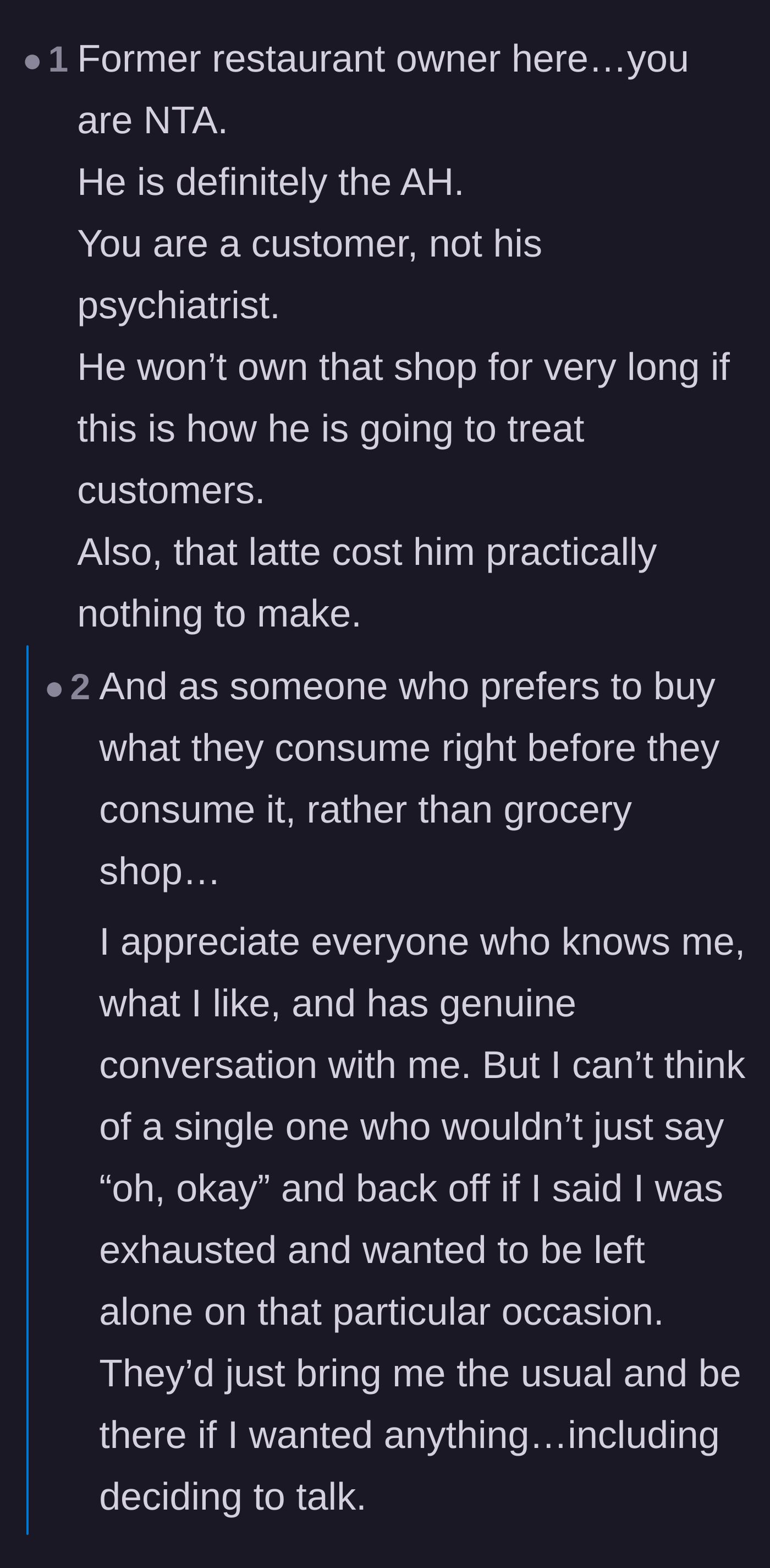 Comment thread 4 - A former restaurant owner explaining the minimal cost of a latte and standard customer boundaries.