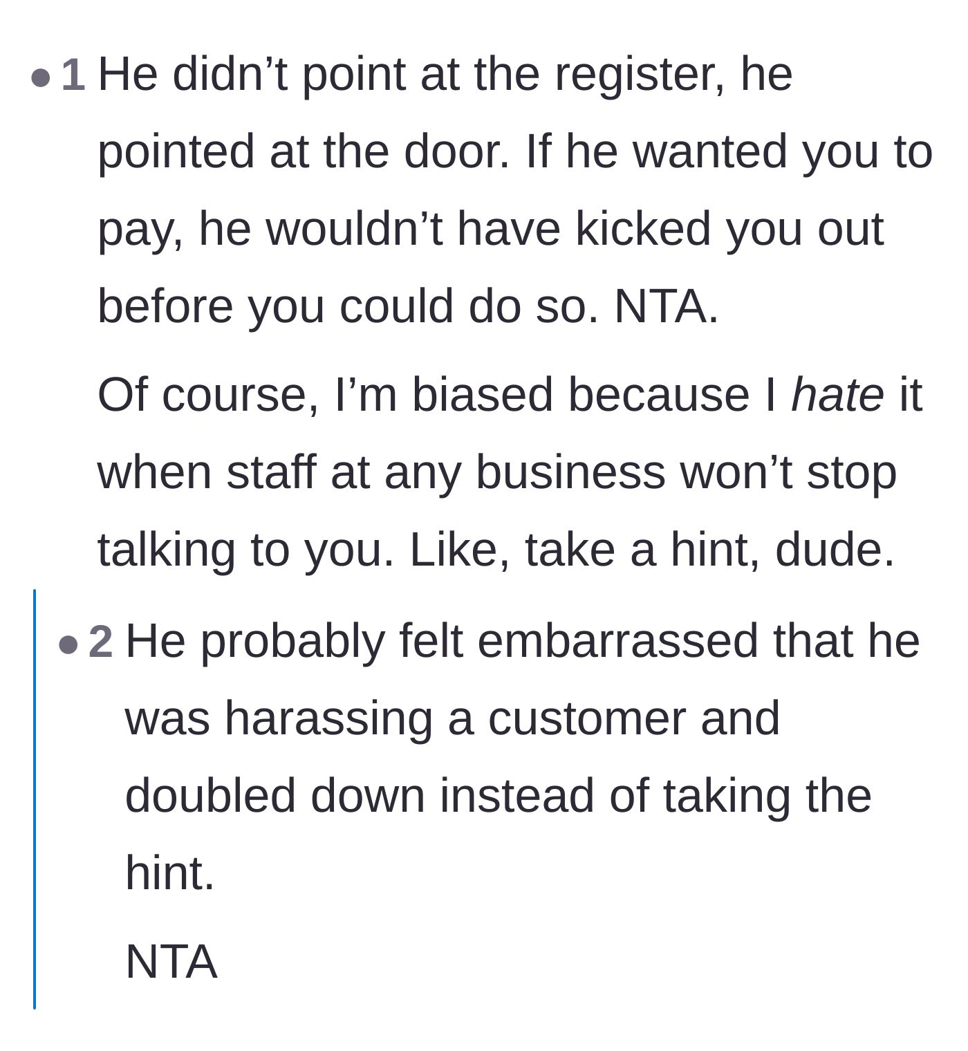 Comment thread 6 - Highlighting that the owner physically pointed to the exit, not the cash register.
