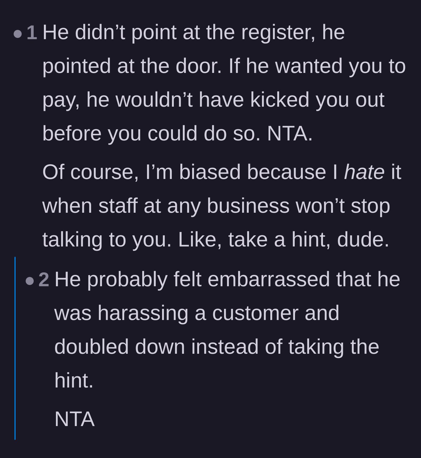 Comment thread 6 - Highlighting that the owner physically pointed to the exit, not the cash register.