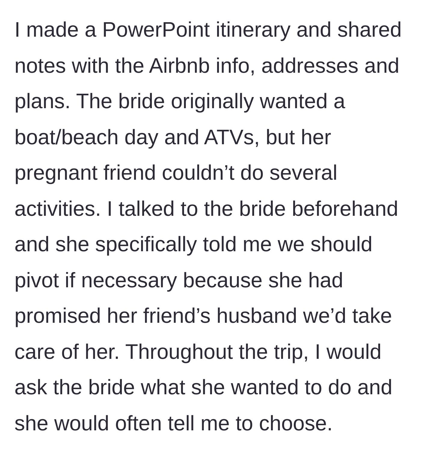 Story part 2 - Creating the PowerPoint itinerary and planning around the pregnant bridesmaid