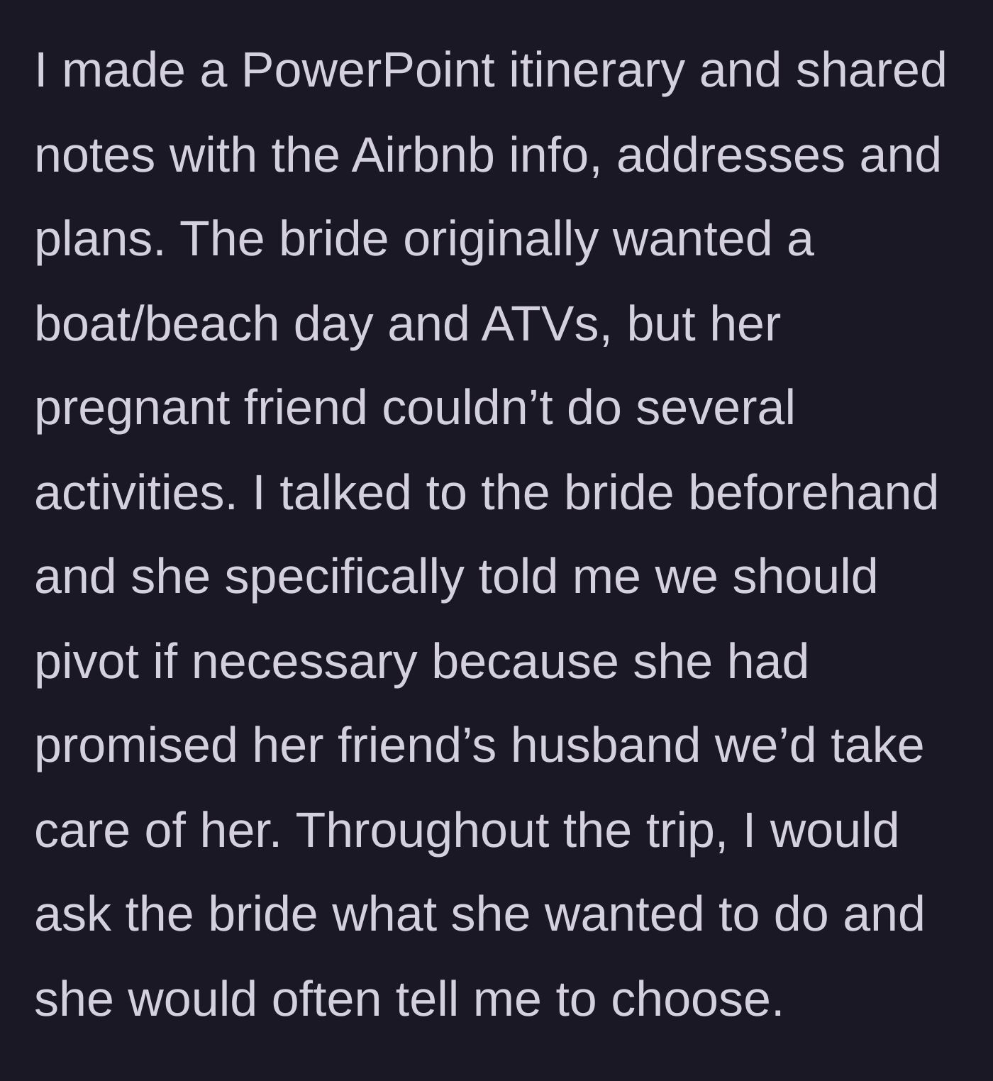 Story part 2 - Creating the PowerPoint itinerary and planning around the pregnant bridesmaid