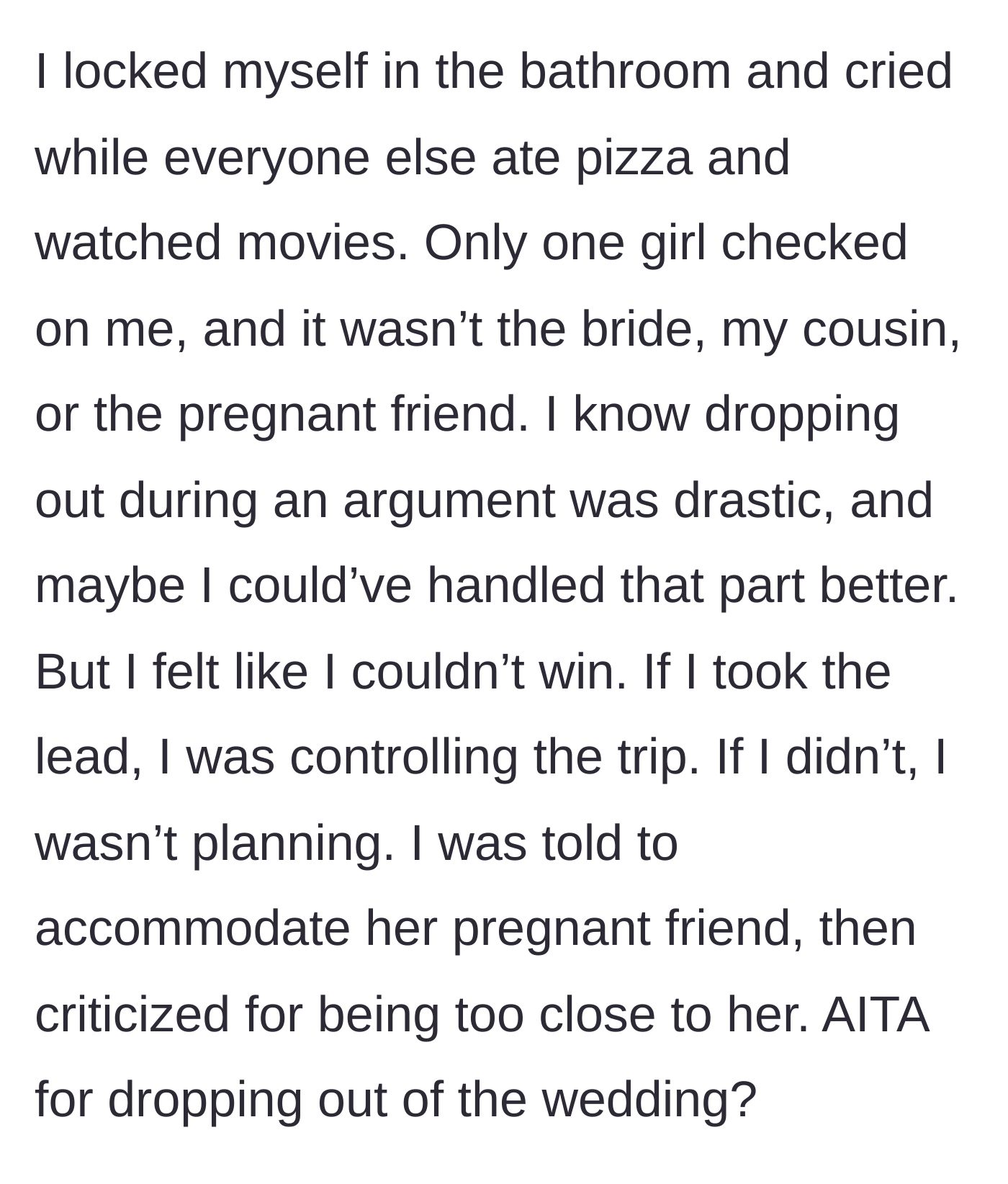 Story part 6 - Crying in the bathroom alone while the rest of the bridal party eats pizza
