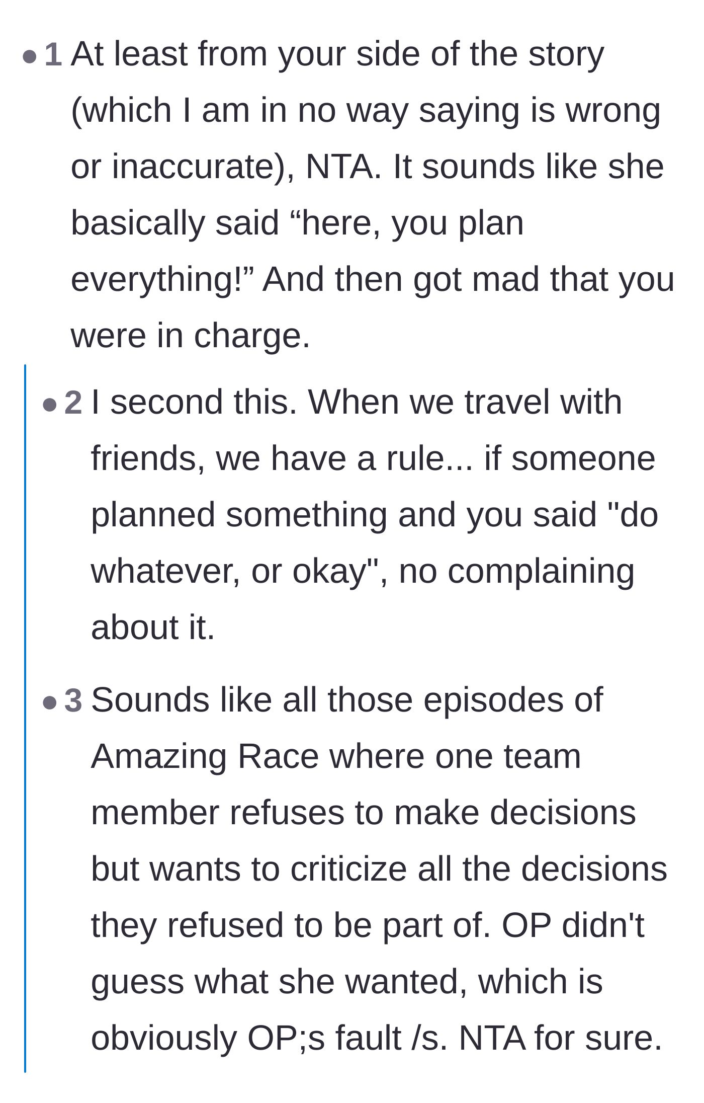 Comment thread 4 - Comparing the bride's behavior to someone who refuses to make decisions but complains about the outcome