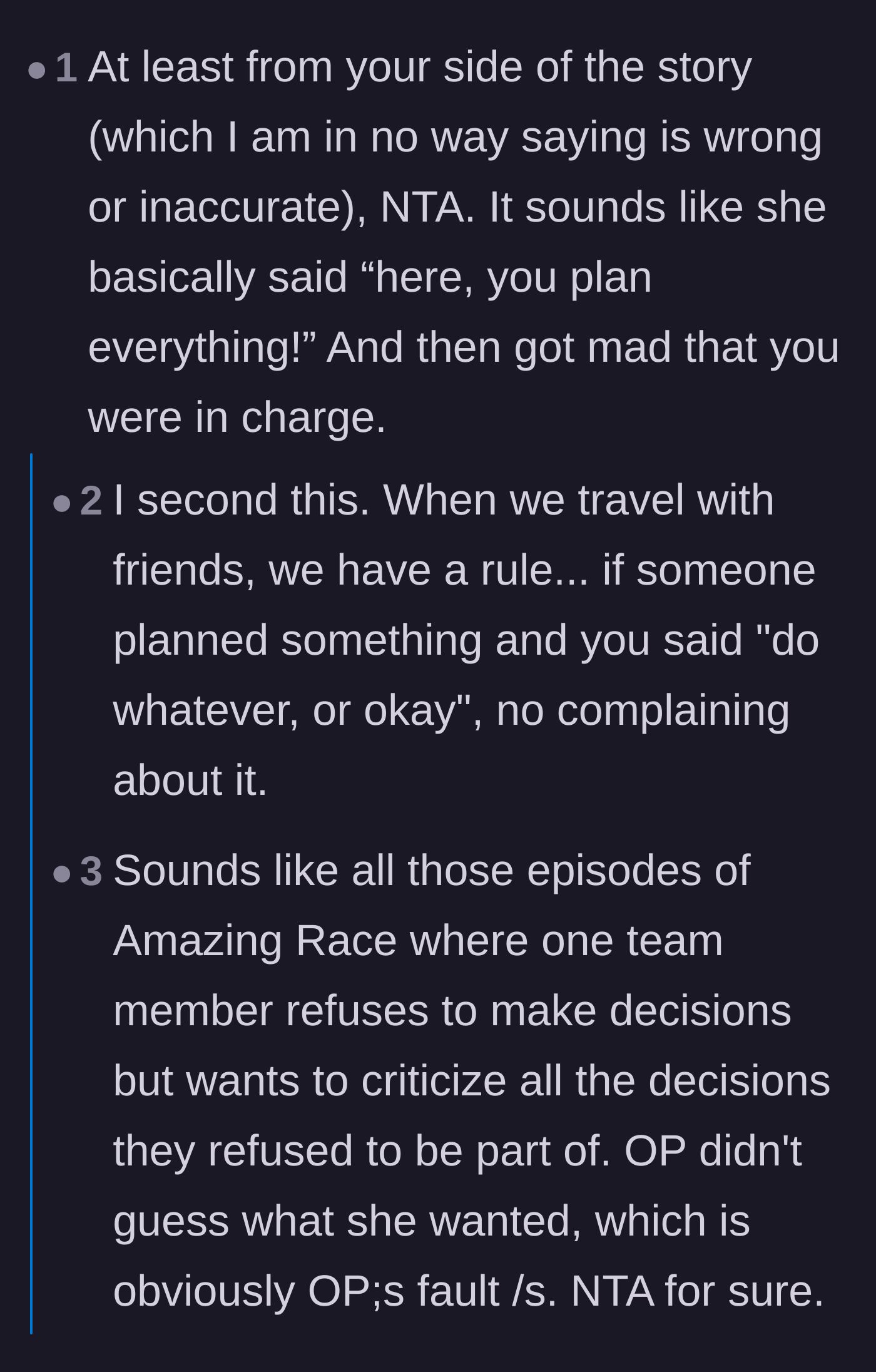 Comment thread 4 - Comparing the bride's behavior to someone who refuses to make decisions but complains about the outcome