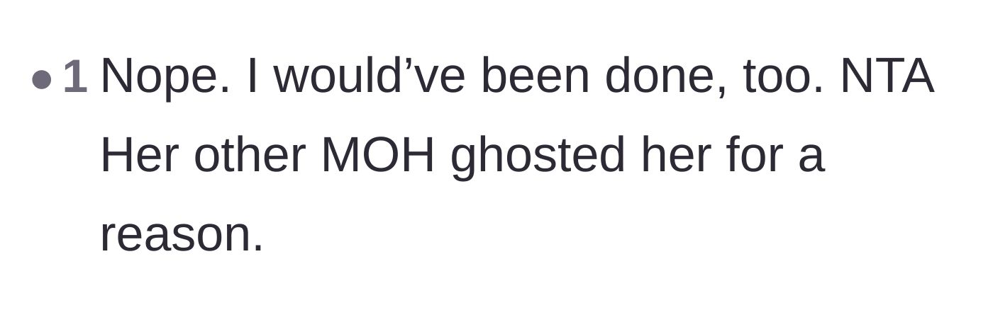 Comment thread 5 - Validation for quitting and noting the first Maid of Honor had the right idea all along