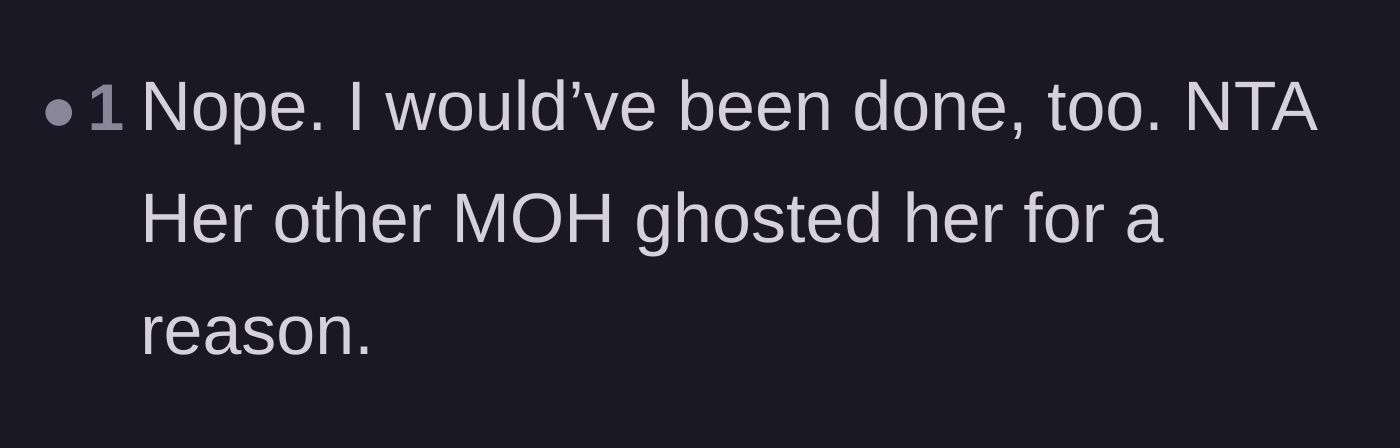 Comment thread 5 - Validation for quitting and noting the first Maid of Honor had the right idea all along
