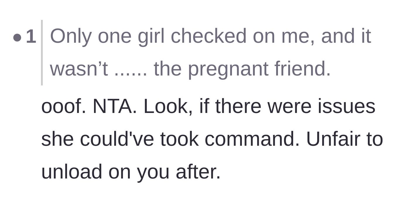 Comment thread 6 - Disappointment that the pregnant friend didn't even check on the main character after she cried in the bathroom