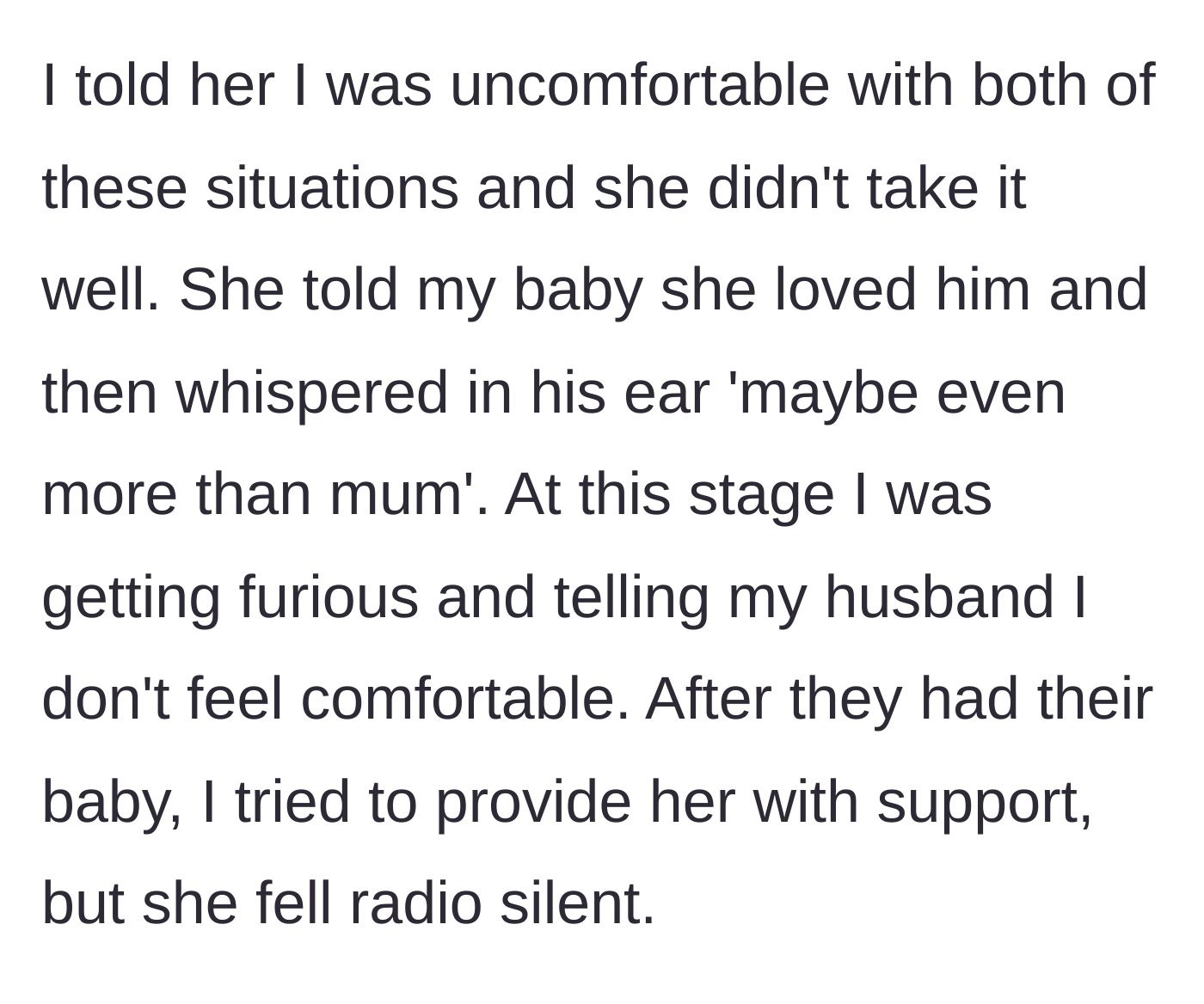 Story part 5 - Chloe whispers she loves the baby more than the mom and then cuts contact after her own birth.