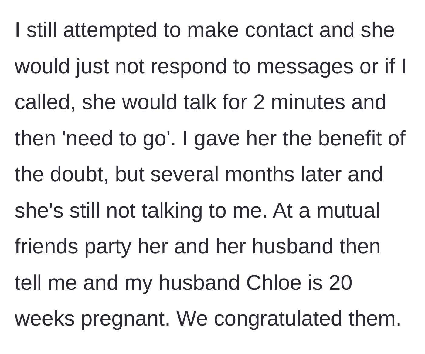 Story part 6 - Chloe ignores the author but later announces her second pregnancy at a party.