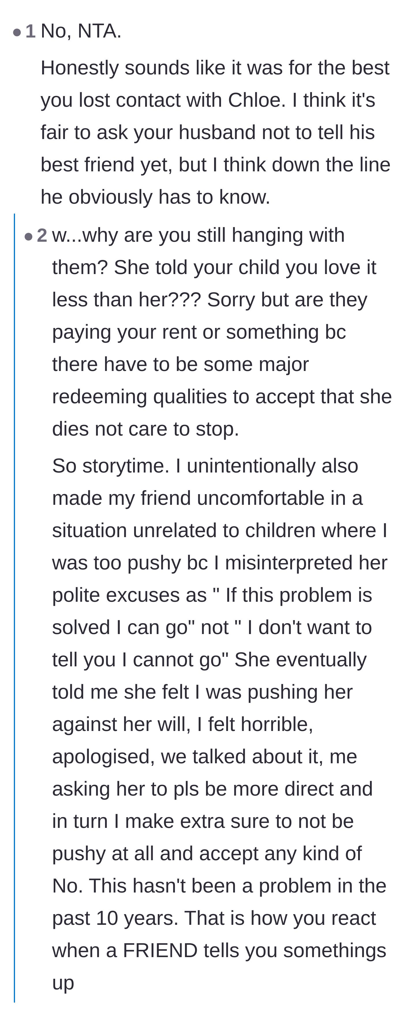 Comment thread 1 - Readers questioning why the author tried to save the friendship after Chloe's creepy behavior