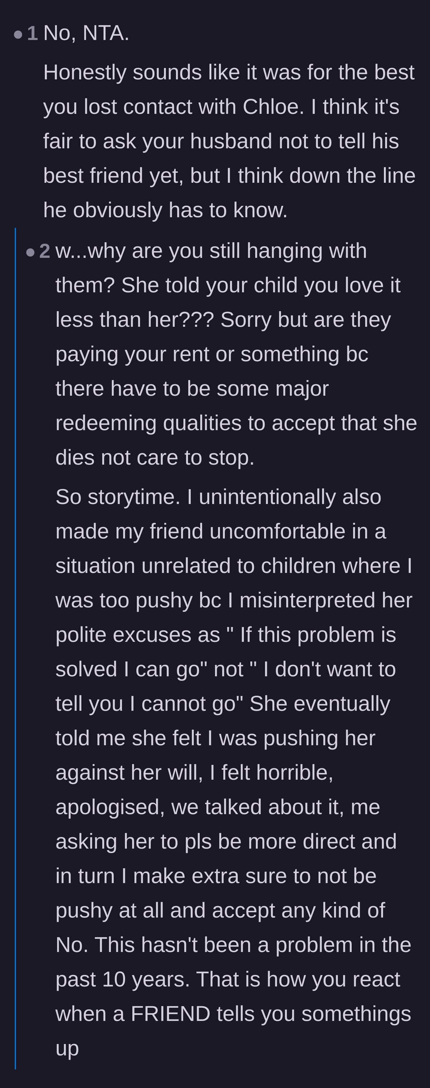 Comment thread 1 - Readers questioning why the author tried to save the friendship after Chloe's creepy behavior