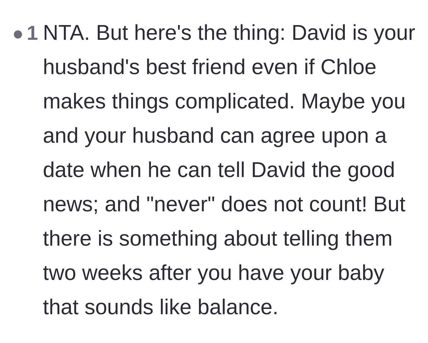 Comment thread 5 - A suggestion to match the couple's energy by waiting two weeks after birth to announce the new baby