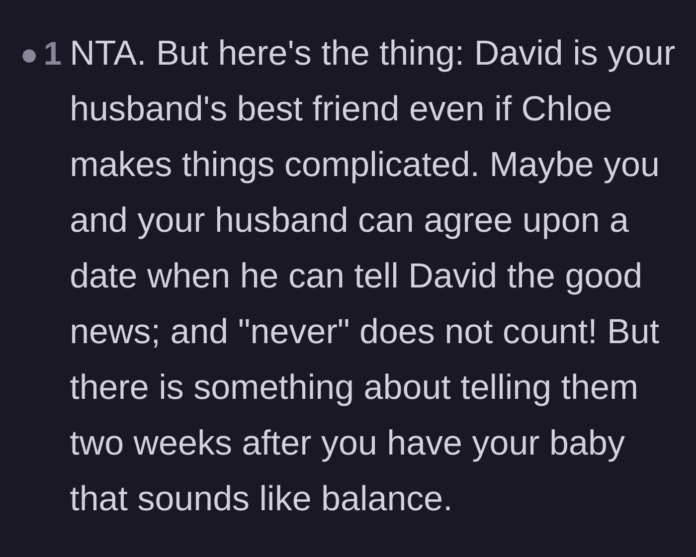 Comment thread 5 - A suggestion to match the couple's energy by waiting two weeks after birth to announce the new baby