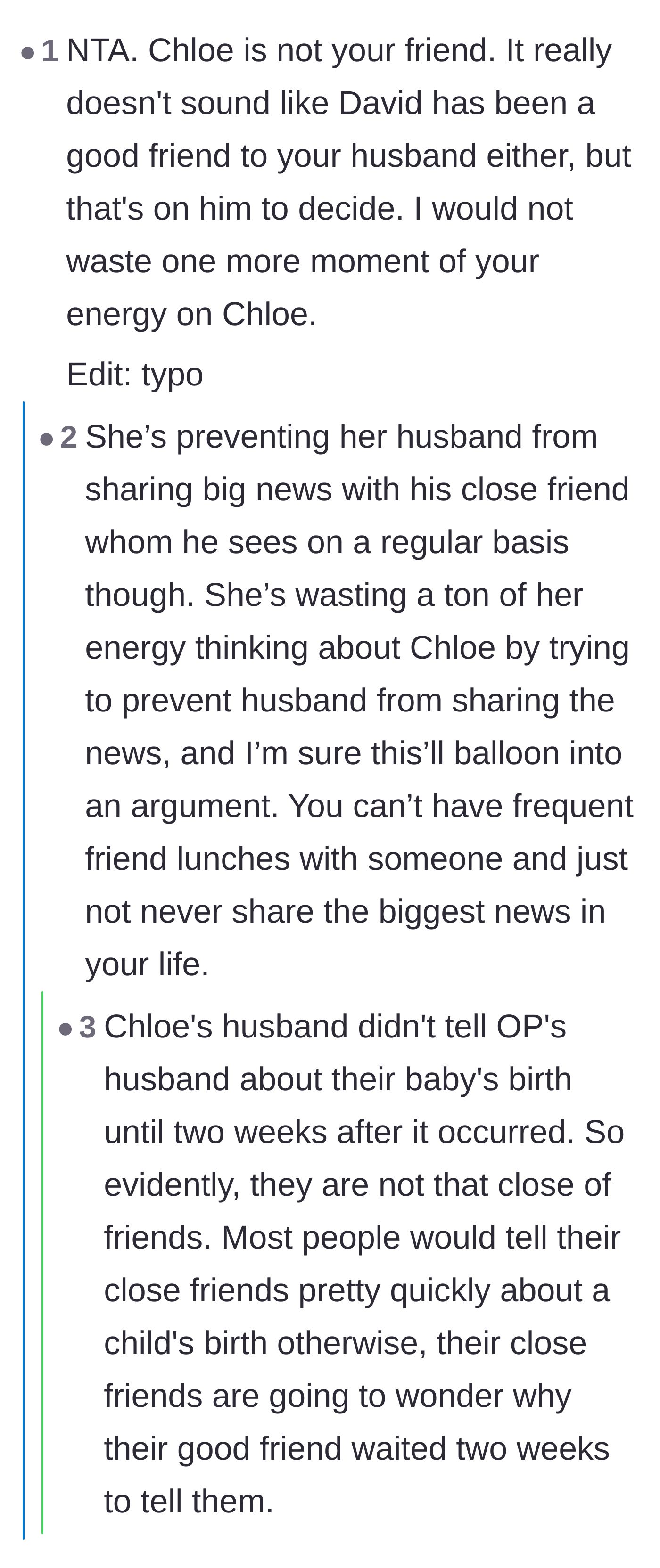 Comment thread 6 - A debate over whether the husband's friend even deserves to be told the pregnancy news early
