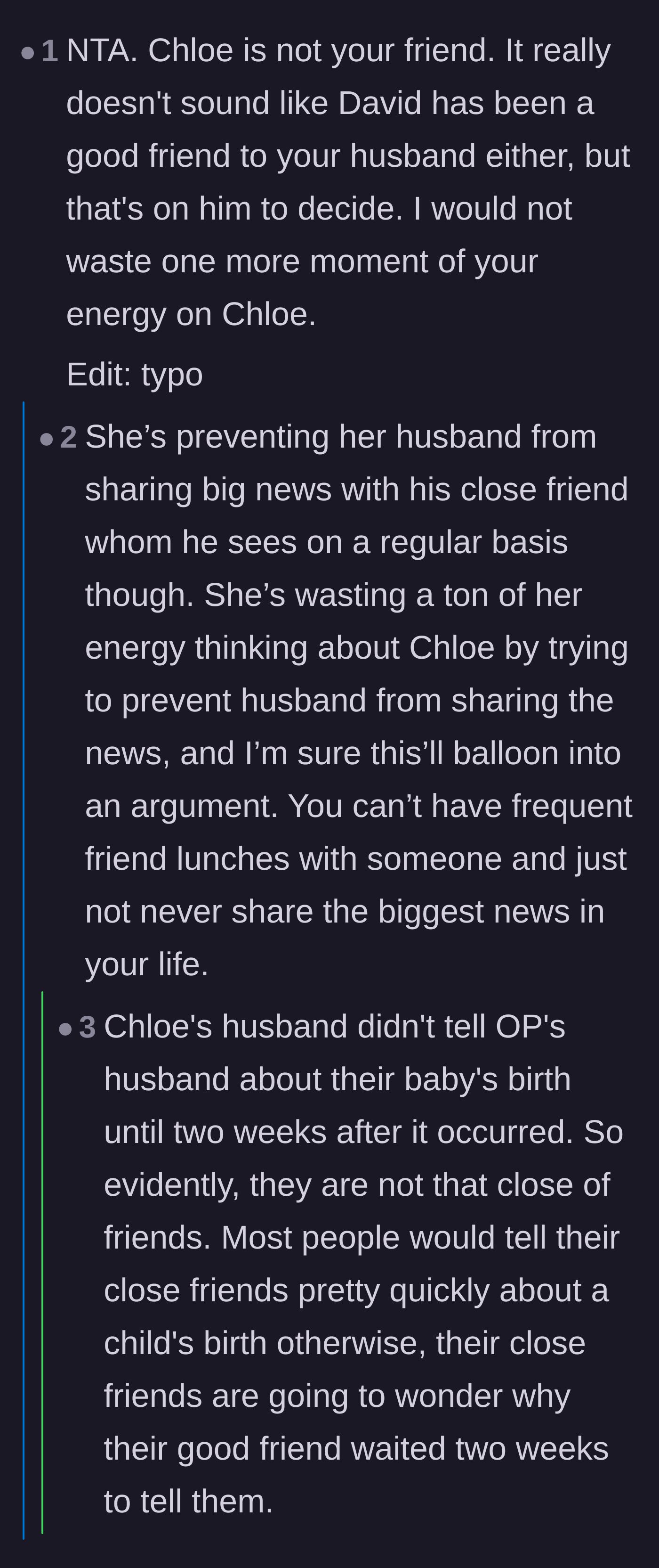 Comment thread 6 - A debate over whether the husband's friend even deserves to be told the pregnancy news early