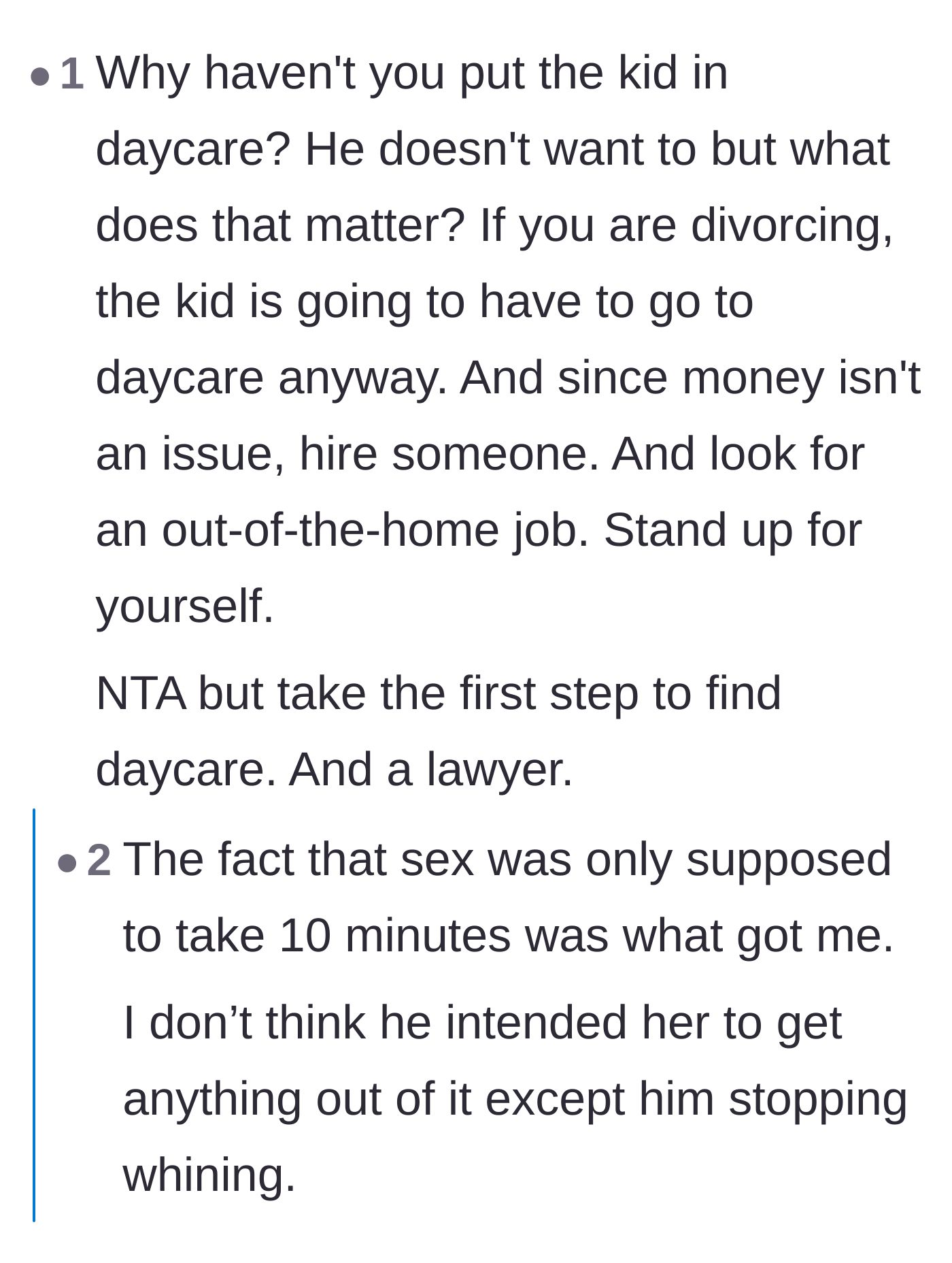 Comment thread 2 - Outrage over the husband's horrific demand for quick, selfish intimacy while she was trying to work.