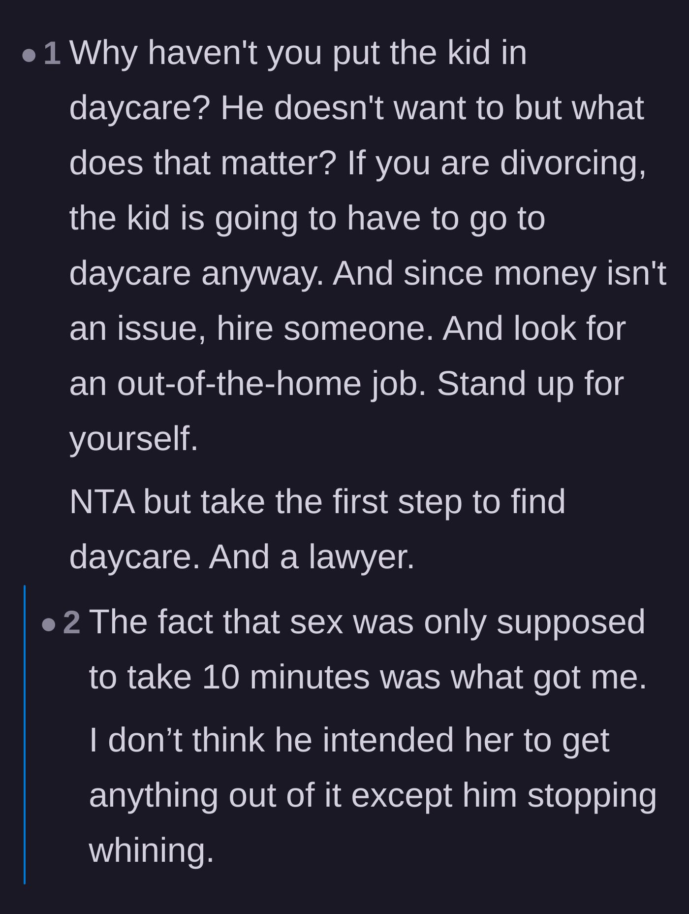 Comment thread 2 - Outrage over the husband's horrific demand for quick, selfish intimacy while she was trying to work.