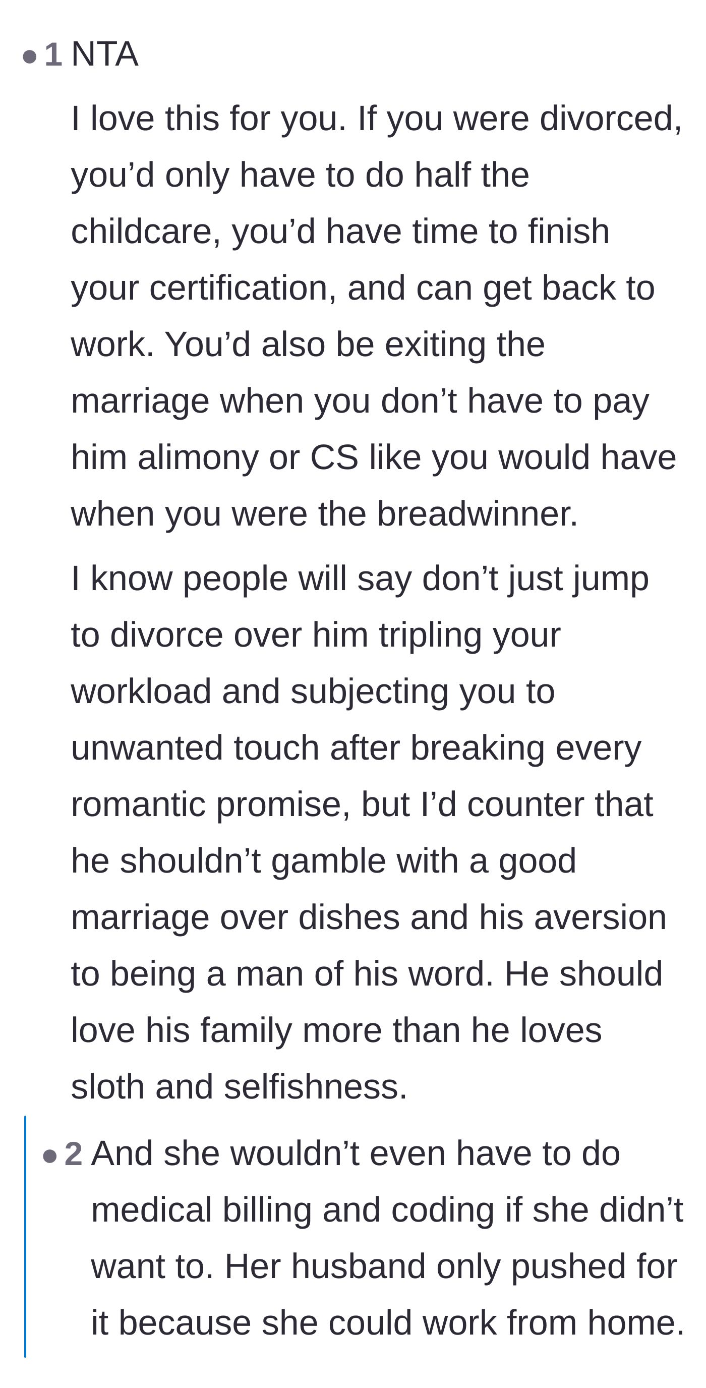 Comment thread 3 - Breaking down the practical and financial benefits of choosing divorce over staying in the marriage.