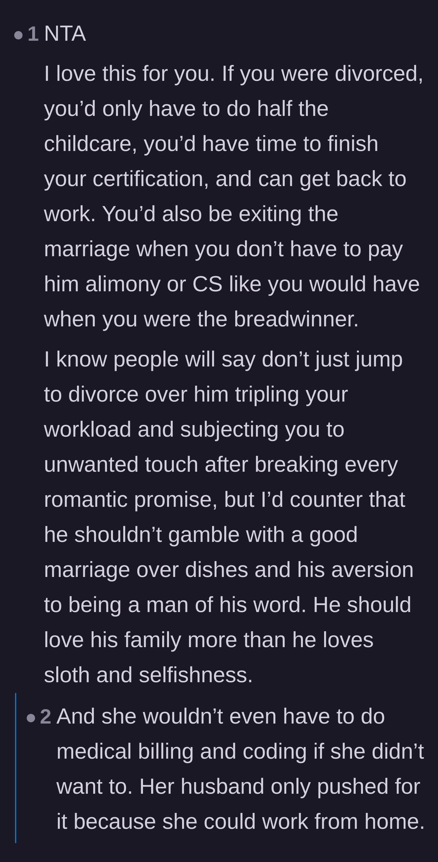 Comment thread 3 - Breaking down the practical and financial benefits of choosing divorce over staying in the marriage.